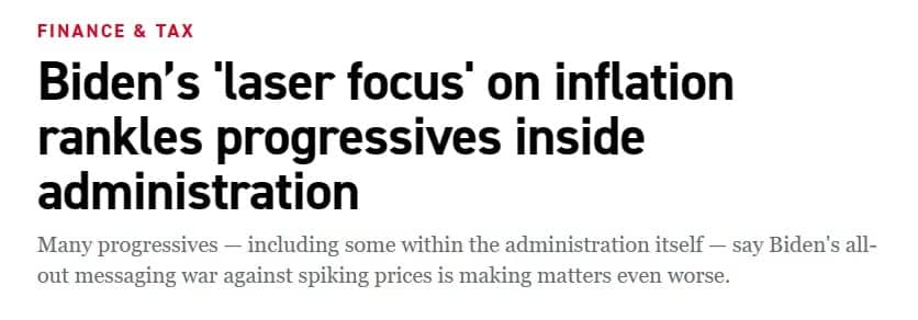 Nagłówek portalu Politico: Biden’s 'laser focus' on inflation rankles progressives inside administration