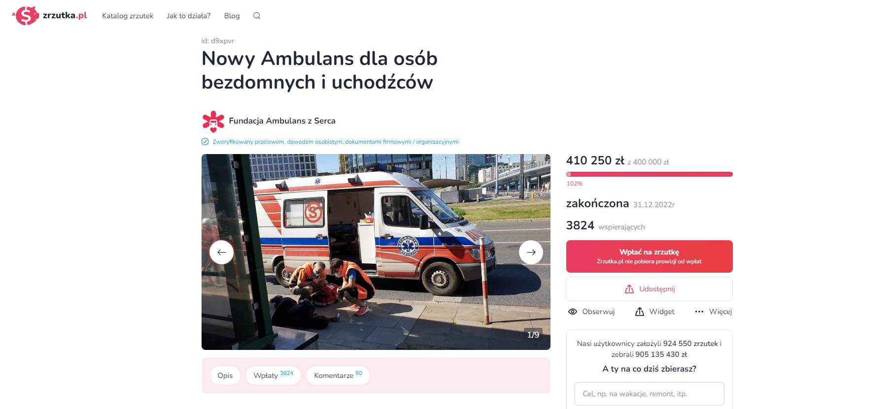 Widok strony zrzutka.pl. Napis: "Nowy Ambulans dla osób bezdomnych i uchodźców" i informacja, że 31 grudnia 2022 r. udało się zebrać 410 250 zł z 400 000 zł