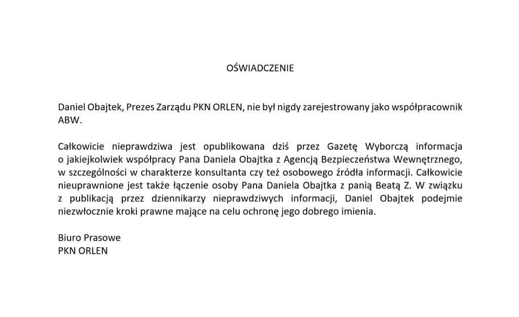 Oświadczenie biura prasowego PKN Orlenu zaprzeczające, jakoby Daniel Obajtek znał Beatę Z. i był współpracownikiem ABW