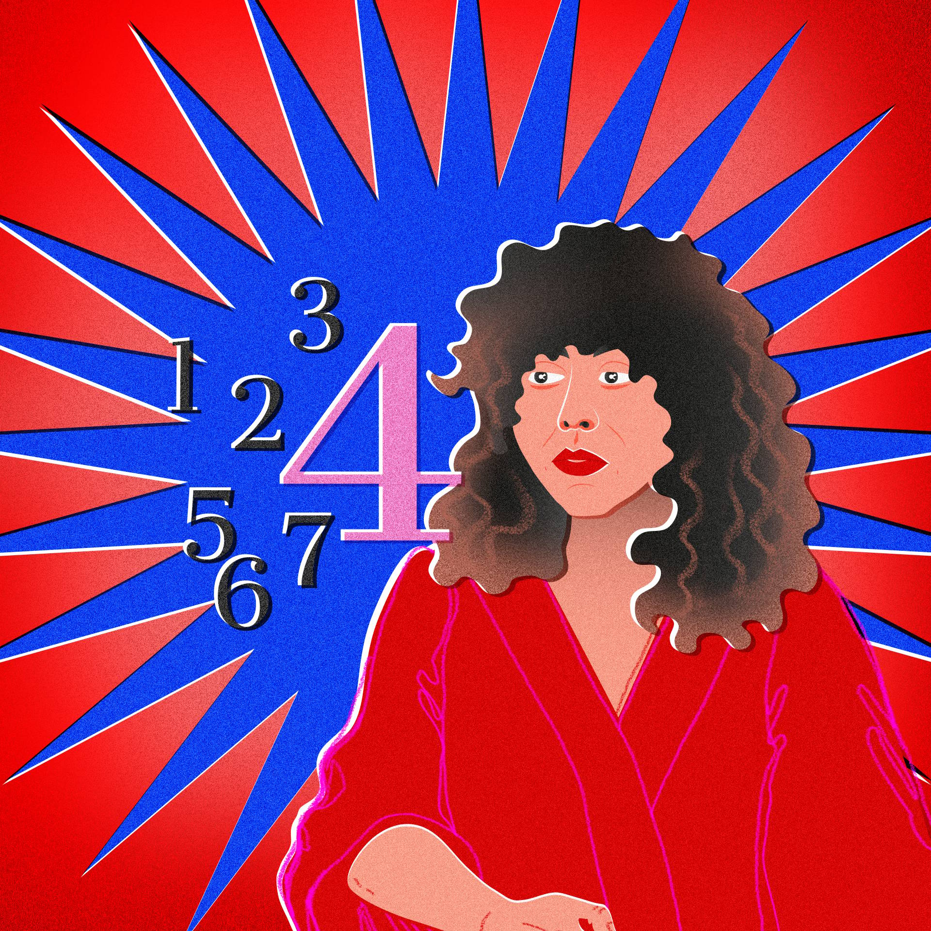 Niebiesko-czerwona grafika z wizerunkiem kobiety o kręconych włosach (Agnieszki Szpili) i cyframi od 1 do 7, gdzie wyróżniona jest cyfra 4