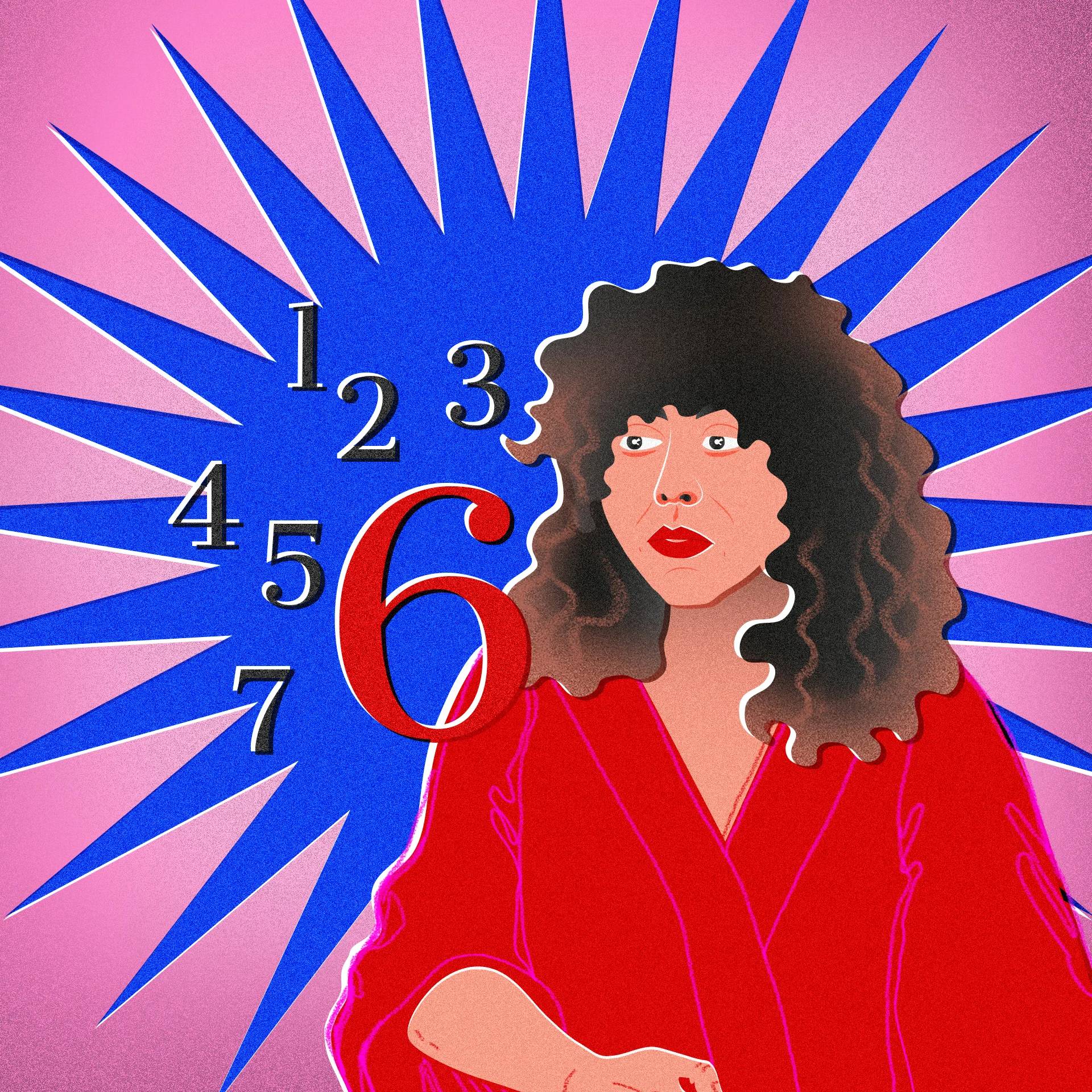 Różowo-czerwona grafika z wizerunkiem kobiety o kręconych włosach (Agnieszki Szpili) i cyframi od 1 do 7, gdzie wyróżniona jest cyfra 6
