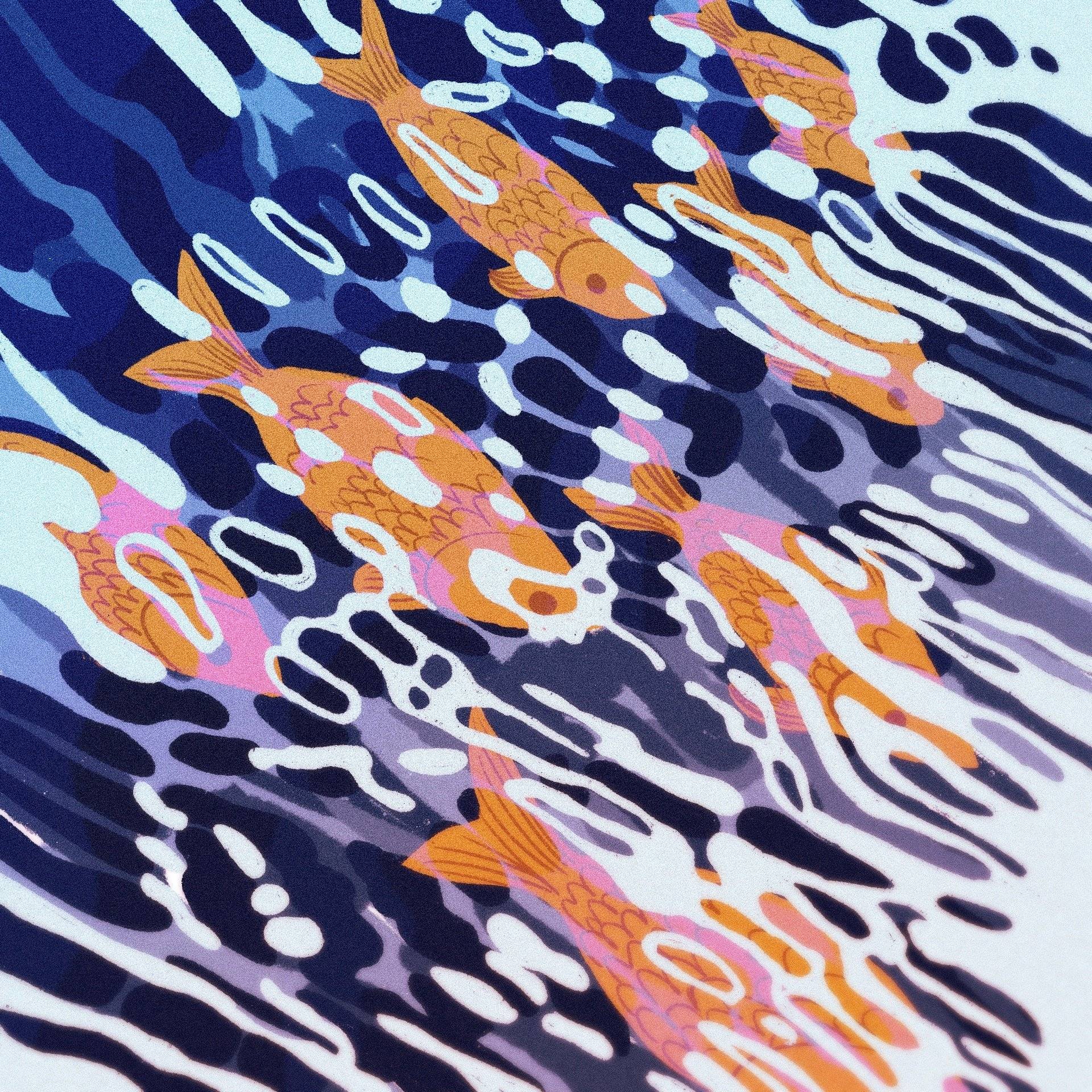 Ilustracja z rybami płynącymi w rzece