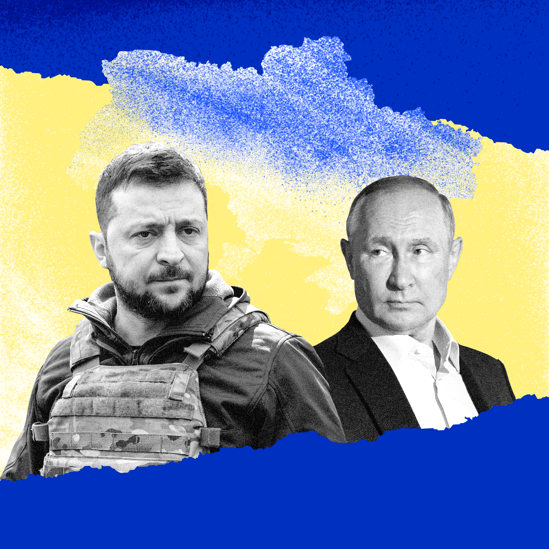Grafika: prezydent Zełenski i Putin na niebiesko-żółtym tle
