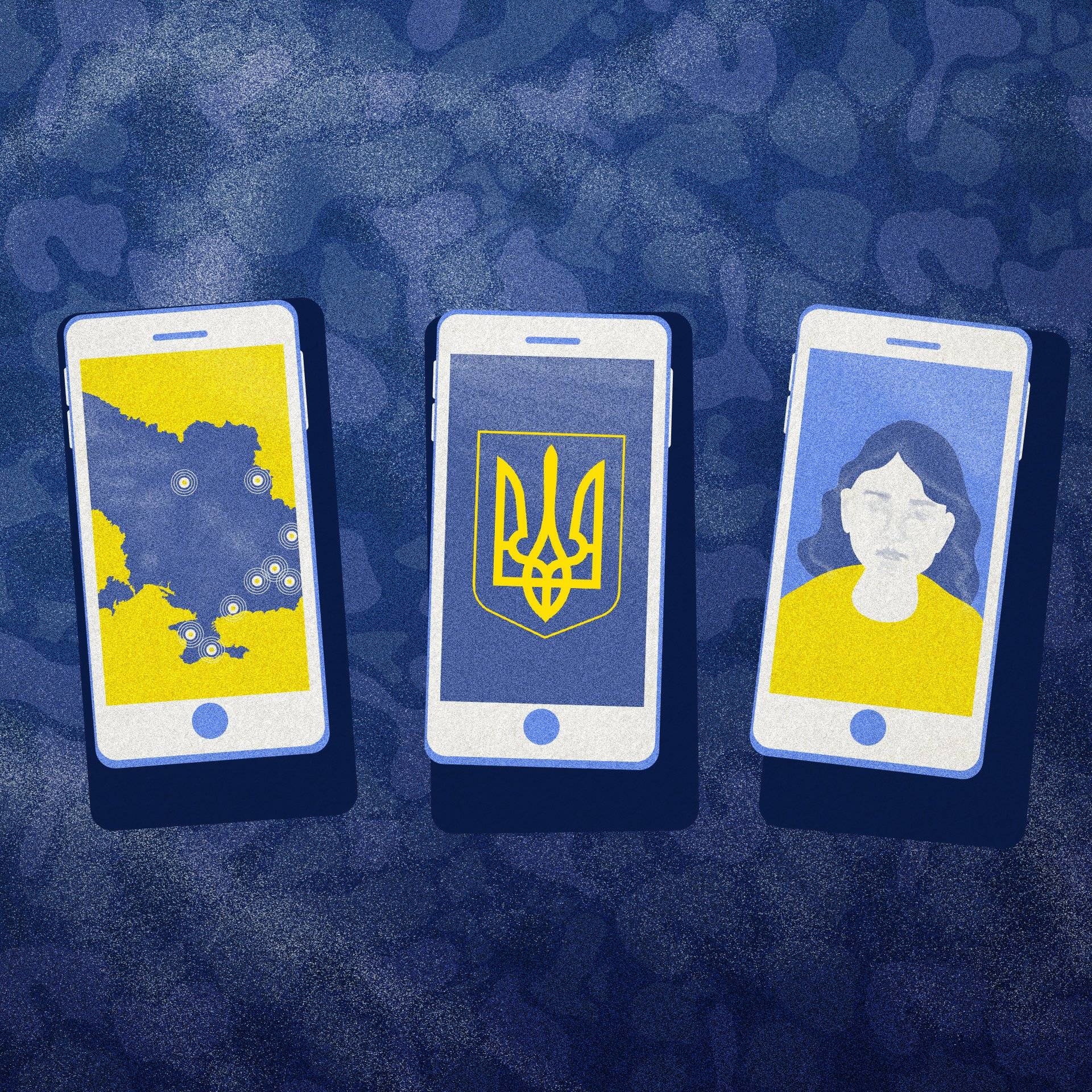 ilustracja przedstawia trzy smartfony ze zdjeciami w barwach Ukrainy