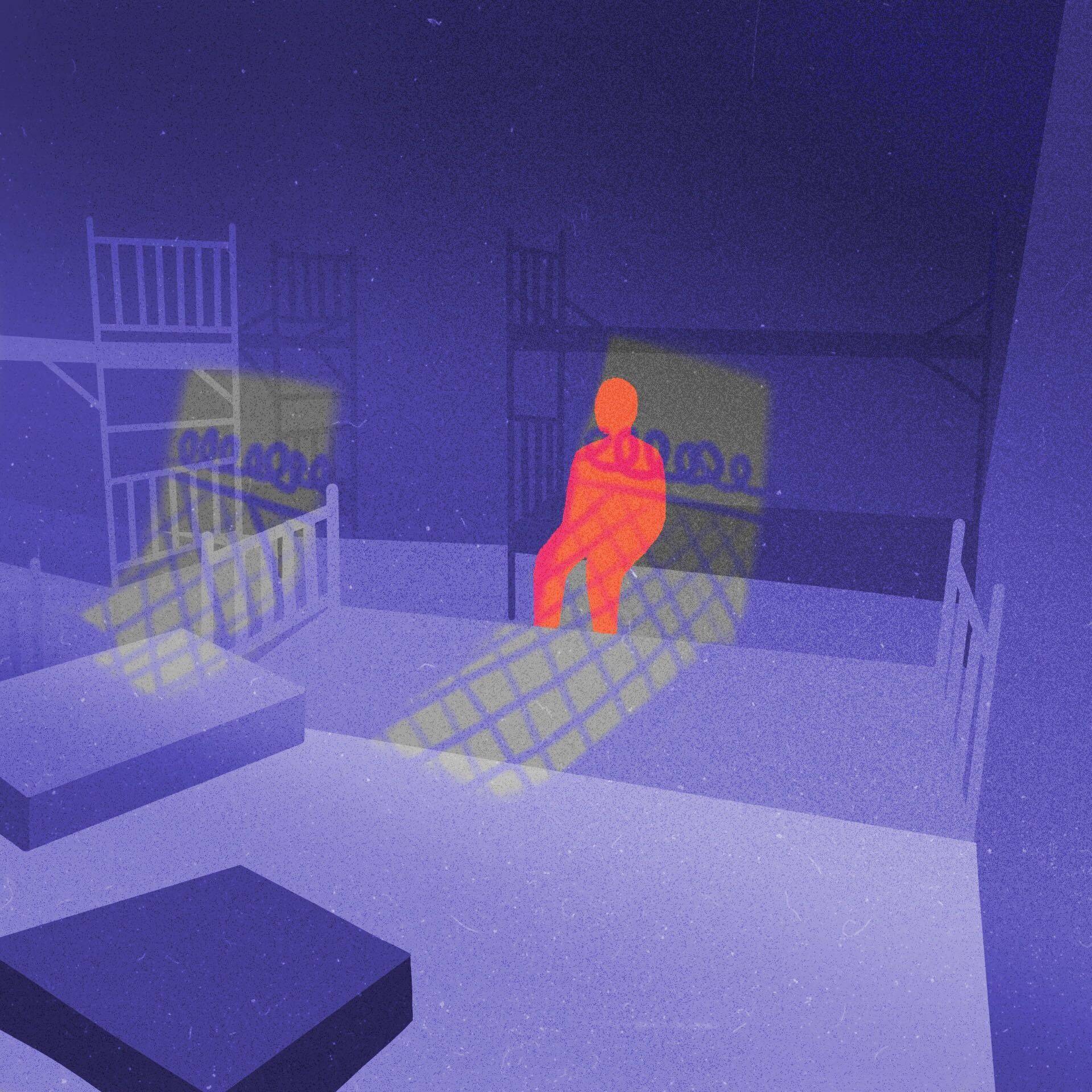 Ilustracja, na której widać zarys człowieka siedzącego w ciemnym pomieszczeniu na pryczy