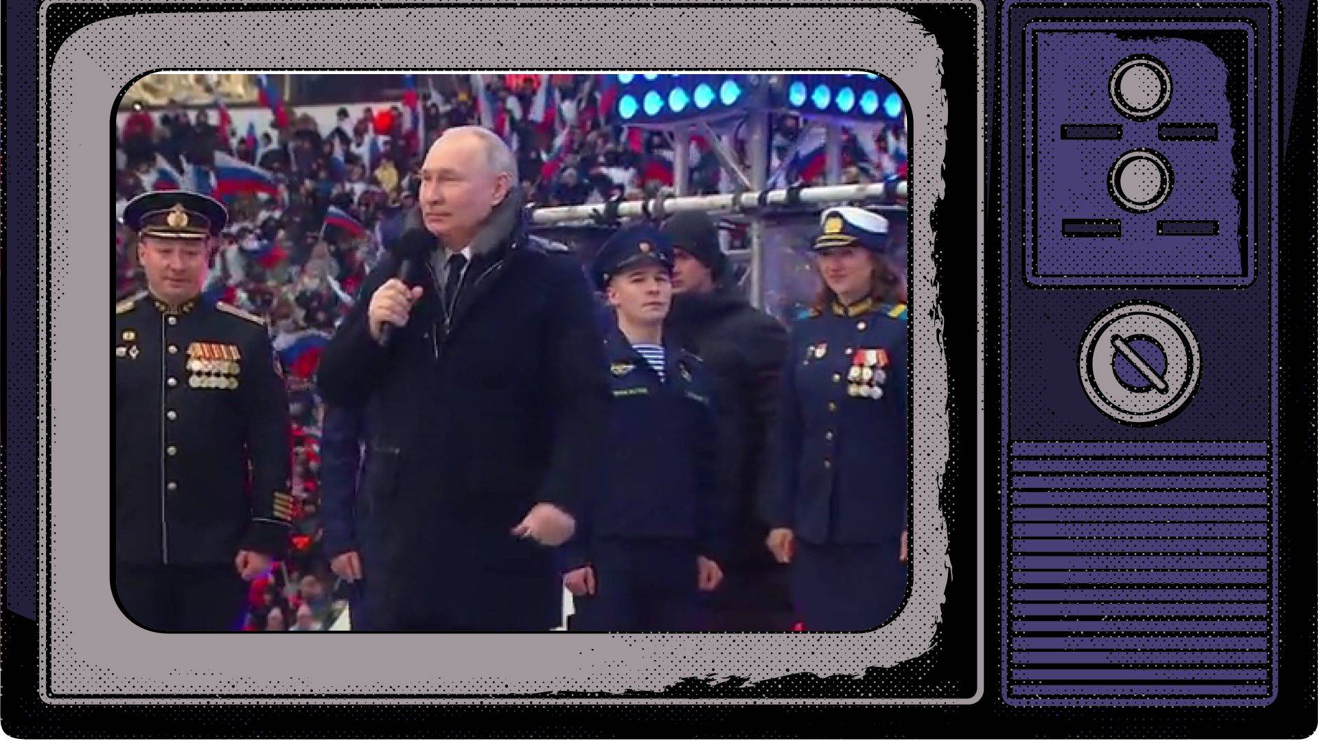 Grafika: zdjęcie Putina w płaszczy, na koncercie, wklejone w ramy starego telewizora