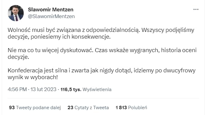 Zrzut ekranu tweeta Sławomira Mentzena