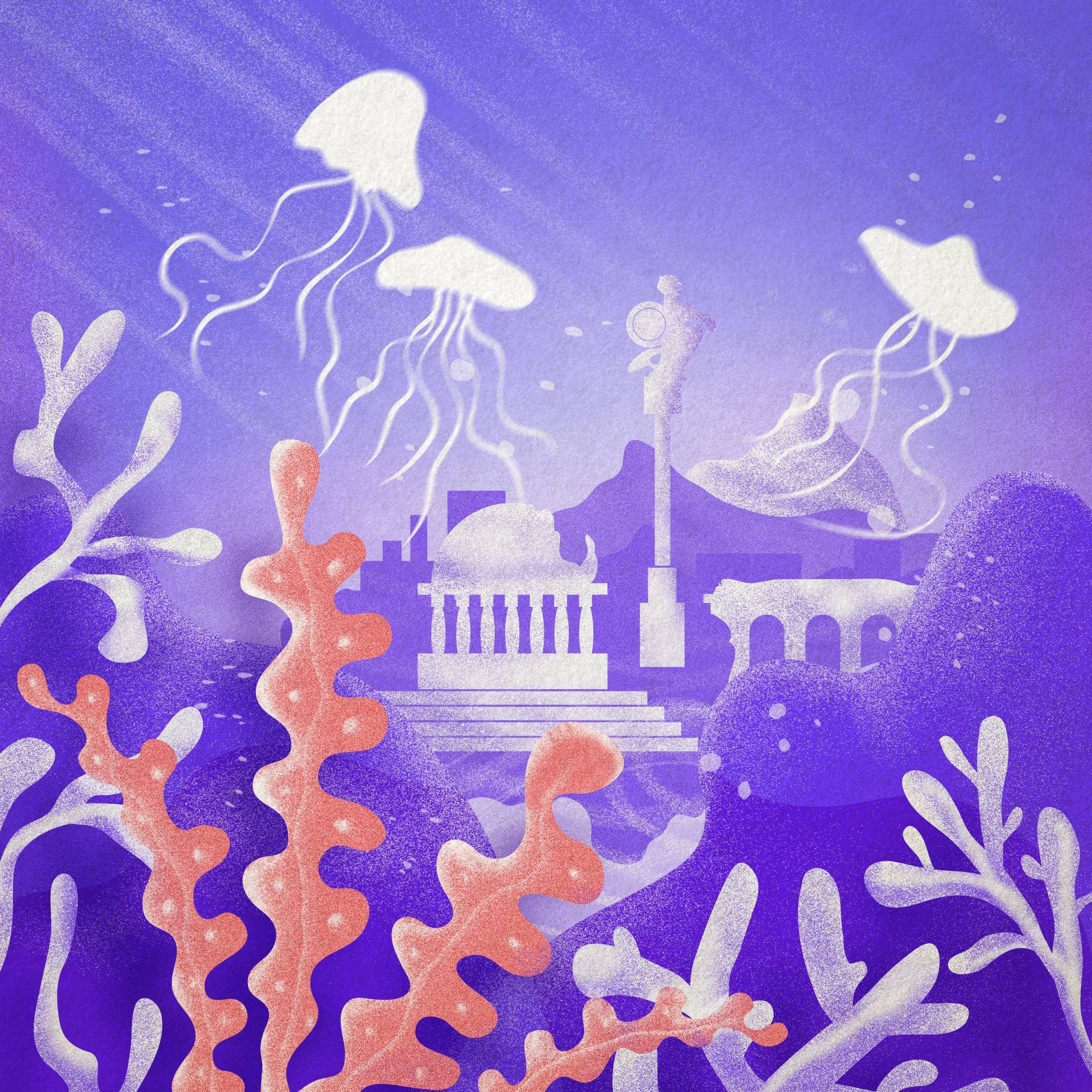 Rysunek przedstawia zatopione starożytne budynki, nad nimi pływają meduzy
