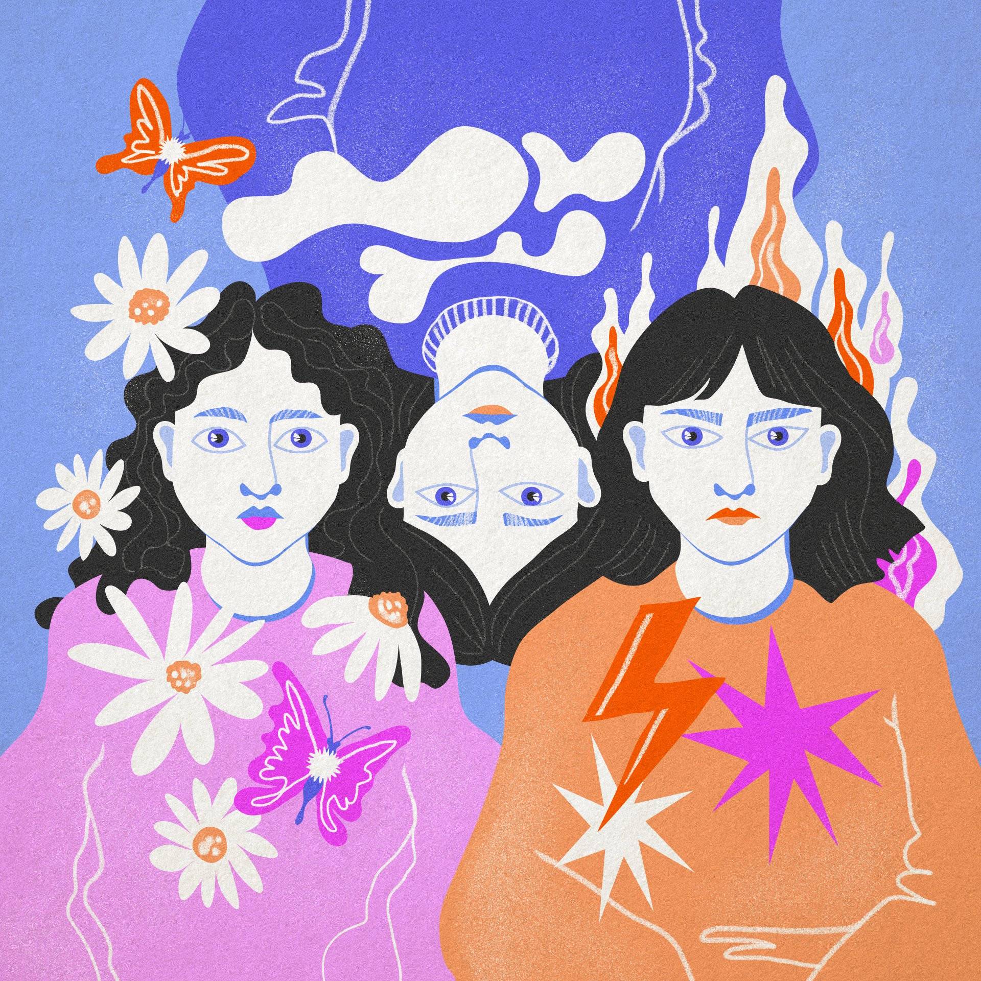 Ilustracja, przedstawiająca trzy kolorowo ubrane kobiety - alegorie. Jedna ma na sobie kwiaty i motyle, druga: błyskawicę i ogień, a trzecia, odwrócona głową w dół, płynie w chmurach.