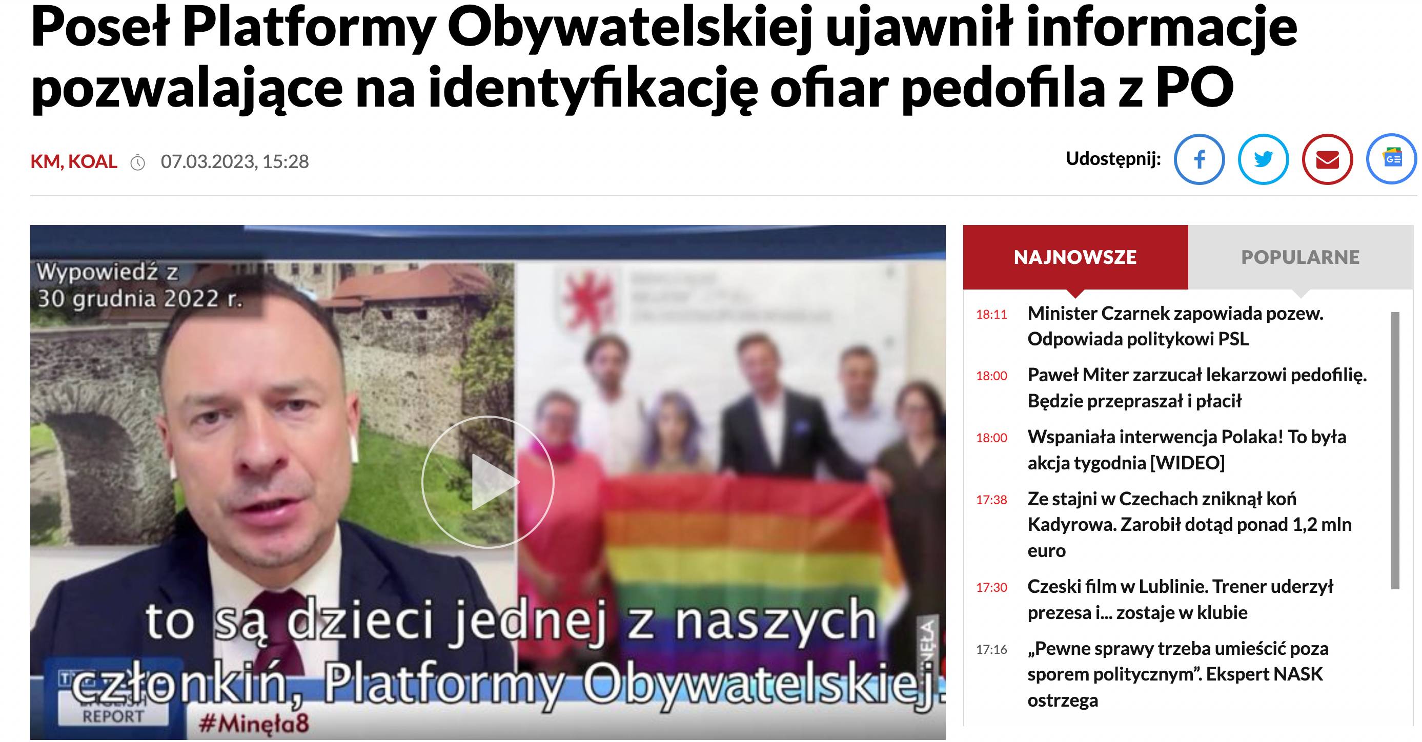 Zrzut ekranu z portalu TVP Info, który sugeruje, że to poseł PO Piotr Borys ujawnił dane rodziny Filiksów