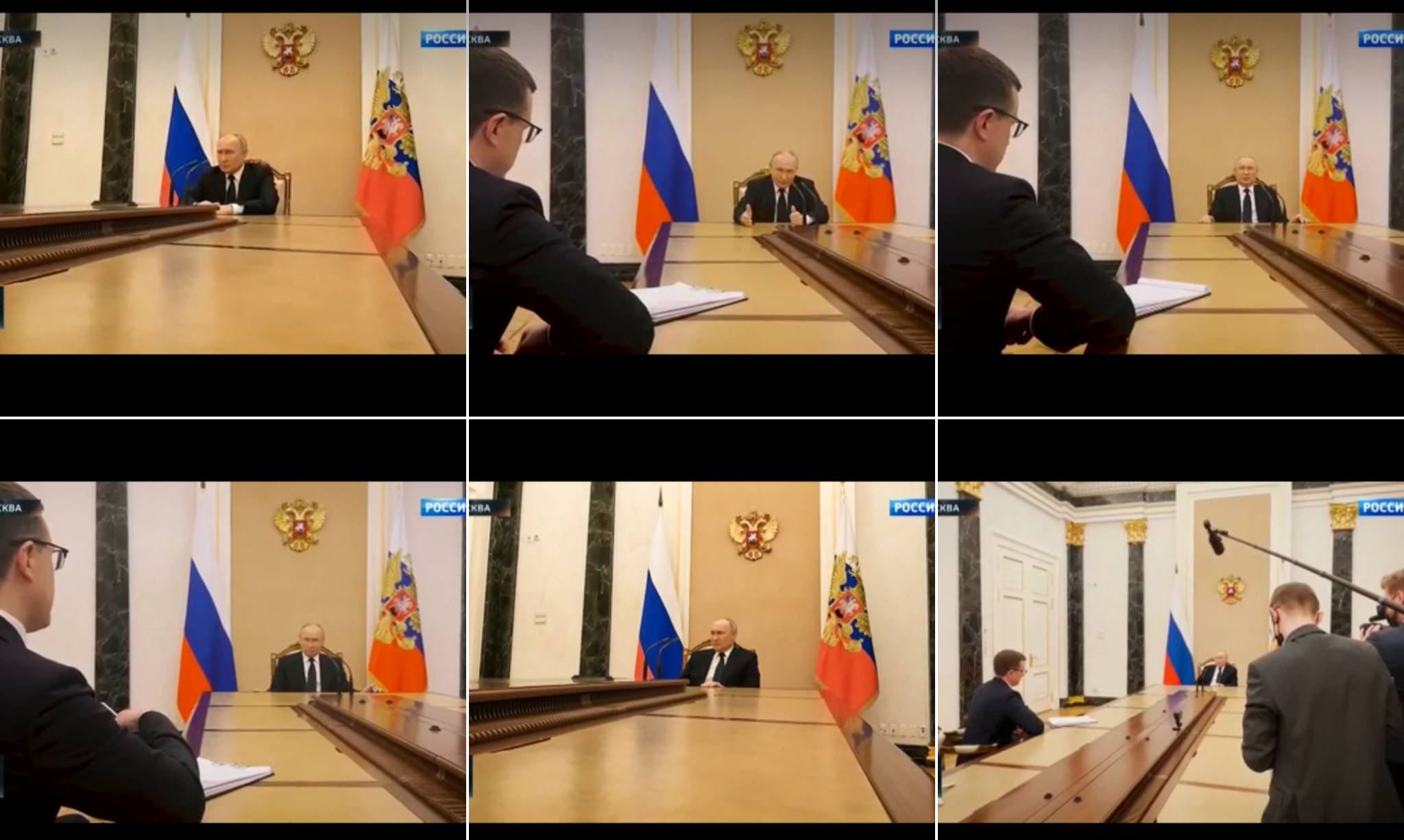 Zestaw zdjęć, na których widać Putina za długim stole i ekipę dzinnikarzy na drugim końcu stołu