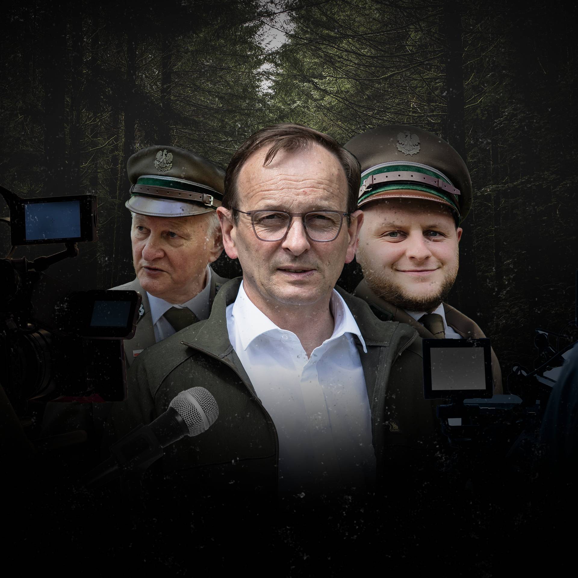 Fotomontaż na którym Józef Kubica, Edward Siarka i Michał Gzowski pozują przed kamerami