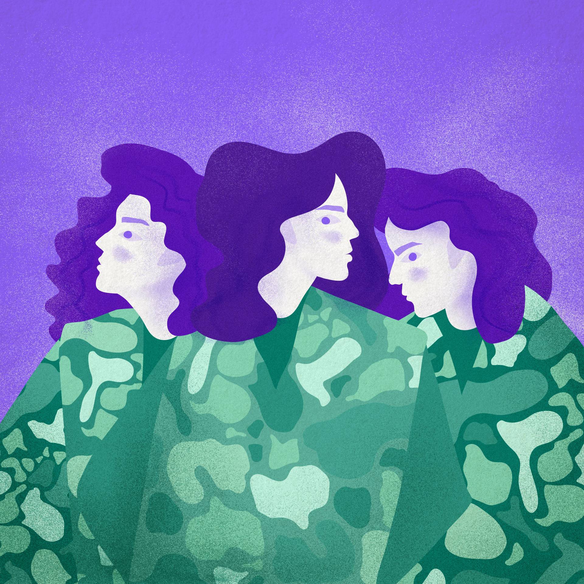 Ilustracja, przedstawiająca trzy sylwetki kobiece w wojskowych uniformach..
