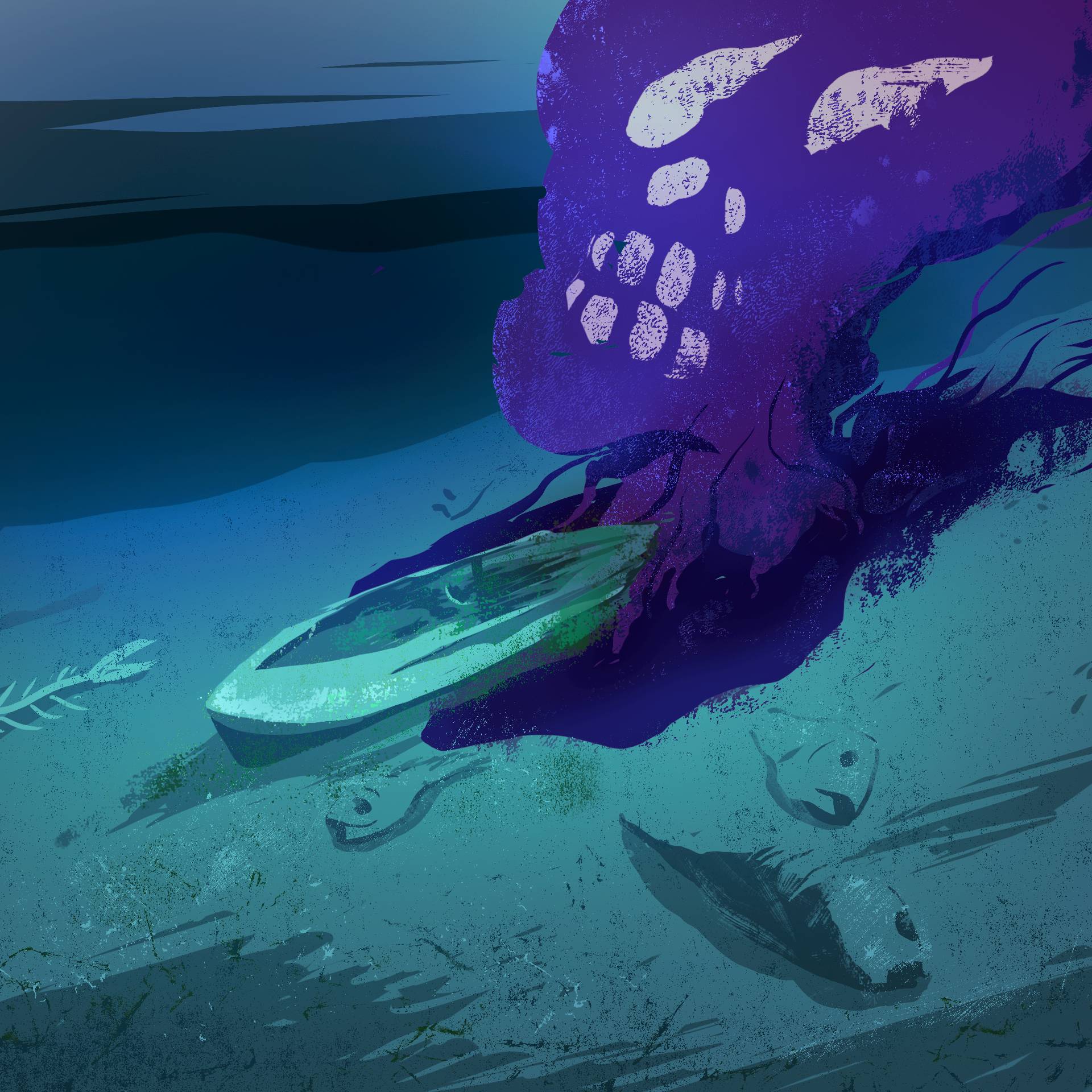 Ilustracja, przedstawiająca zanieczyszczenia, wydobywające się z wraku okrętu na dnie morza.