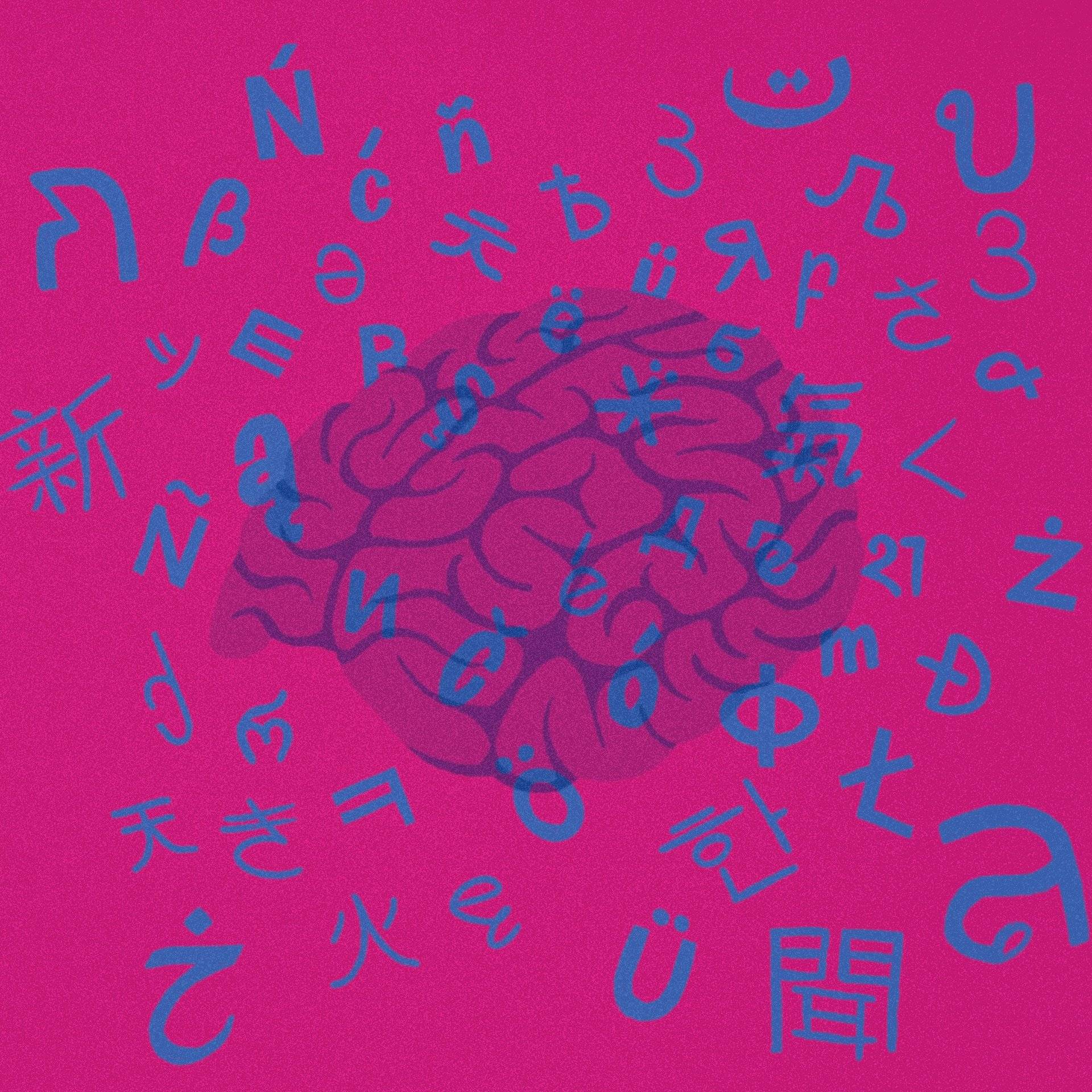 ilustracja przedstawia mózg na tle z liter z różnych alfabetów