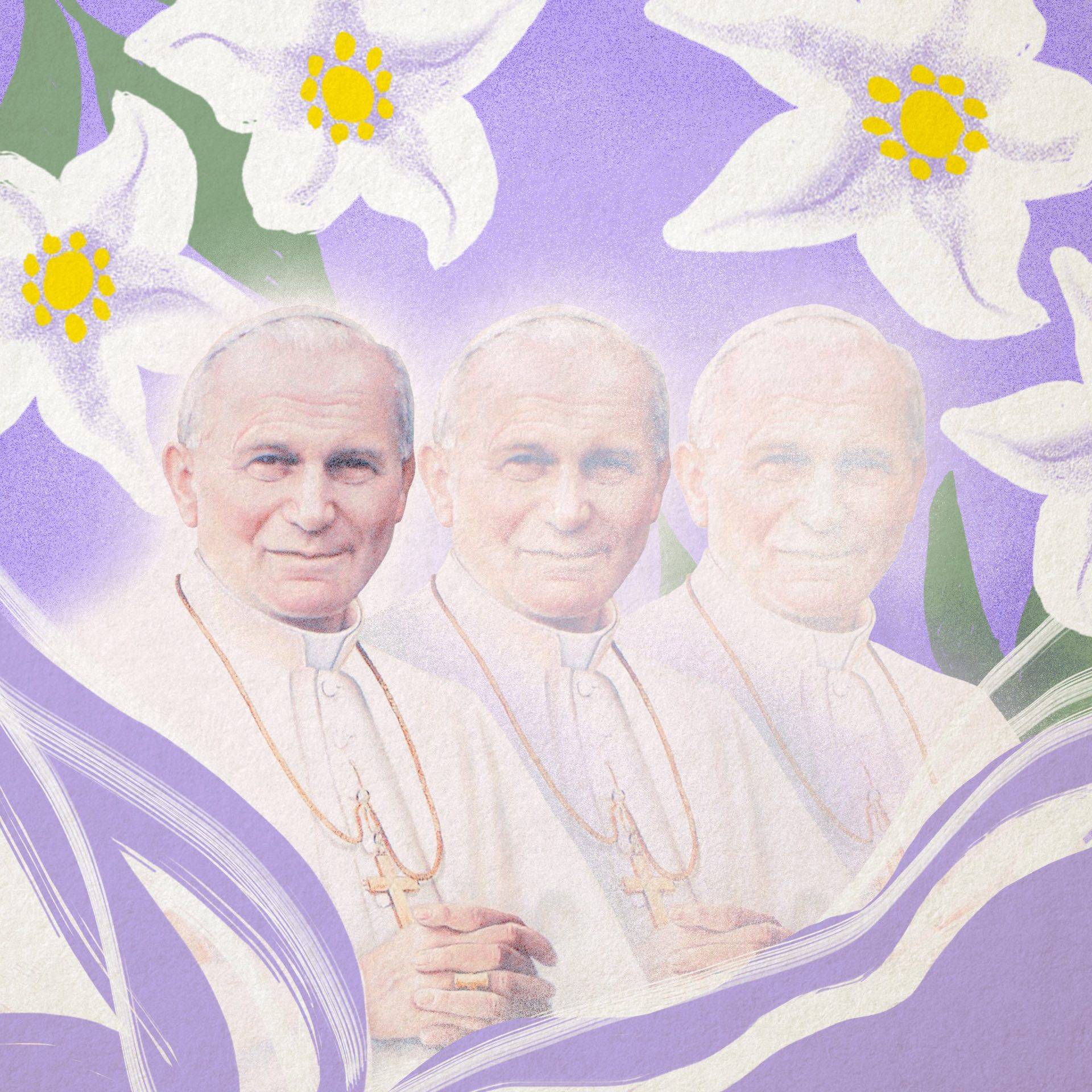 Ilustracja przedstawiająca zwielokrotniony portret Jana Pawła II w otoczeniu kwiatów, który blaknie.