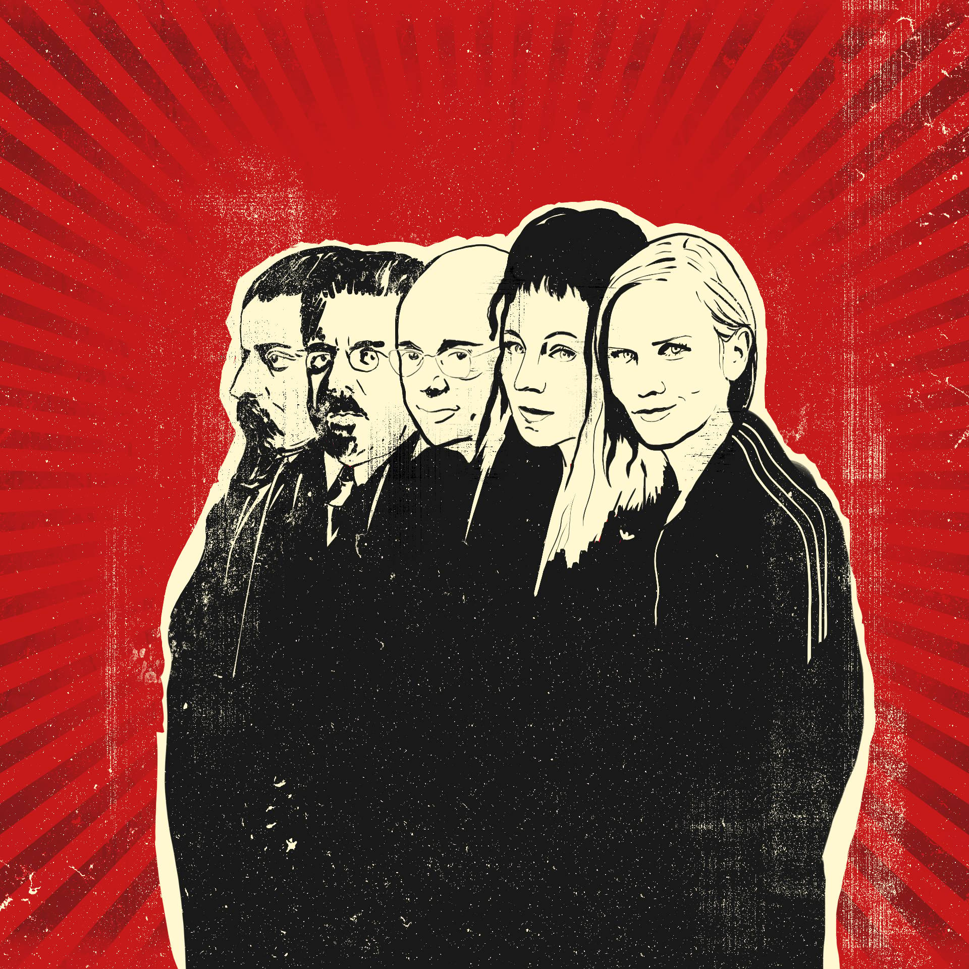 Ilustracja, przedstawiająca sylwetki pisarzy i pisarek, od lewej: Sienkiewicz, Prus, Lem, Tokarczuk, Masłowska, dookoła nich widać promienie czerwonego światła. Kanon lektur.