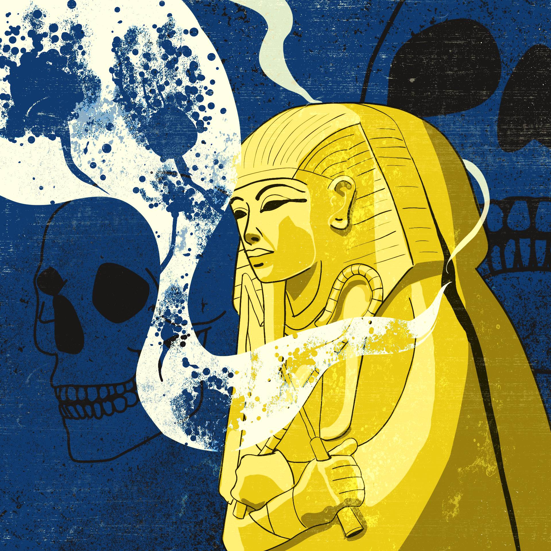 Ilustracja – sarkofag faraona Tutenhamona, z którego wydobywają się opary zawierające zarodniki grzybów, w tle trupie czaszki