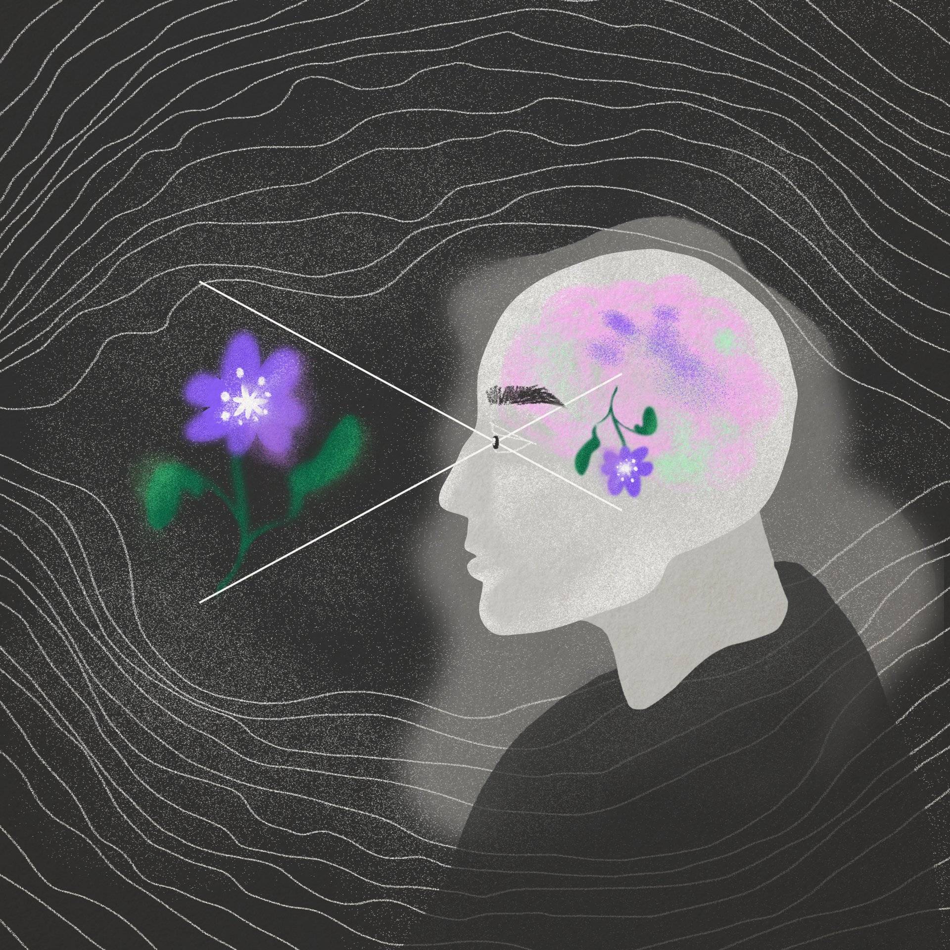 Rysunek - profil głowy człowieka z naszkicowanym różowym mózgiem i promieniami wychodzącymi z oka