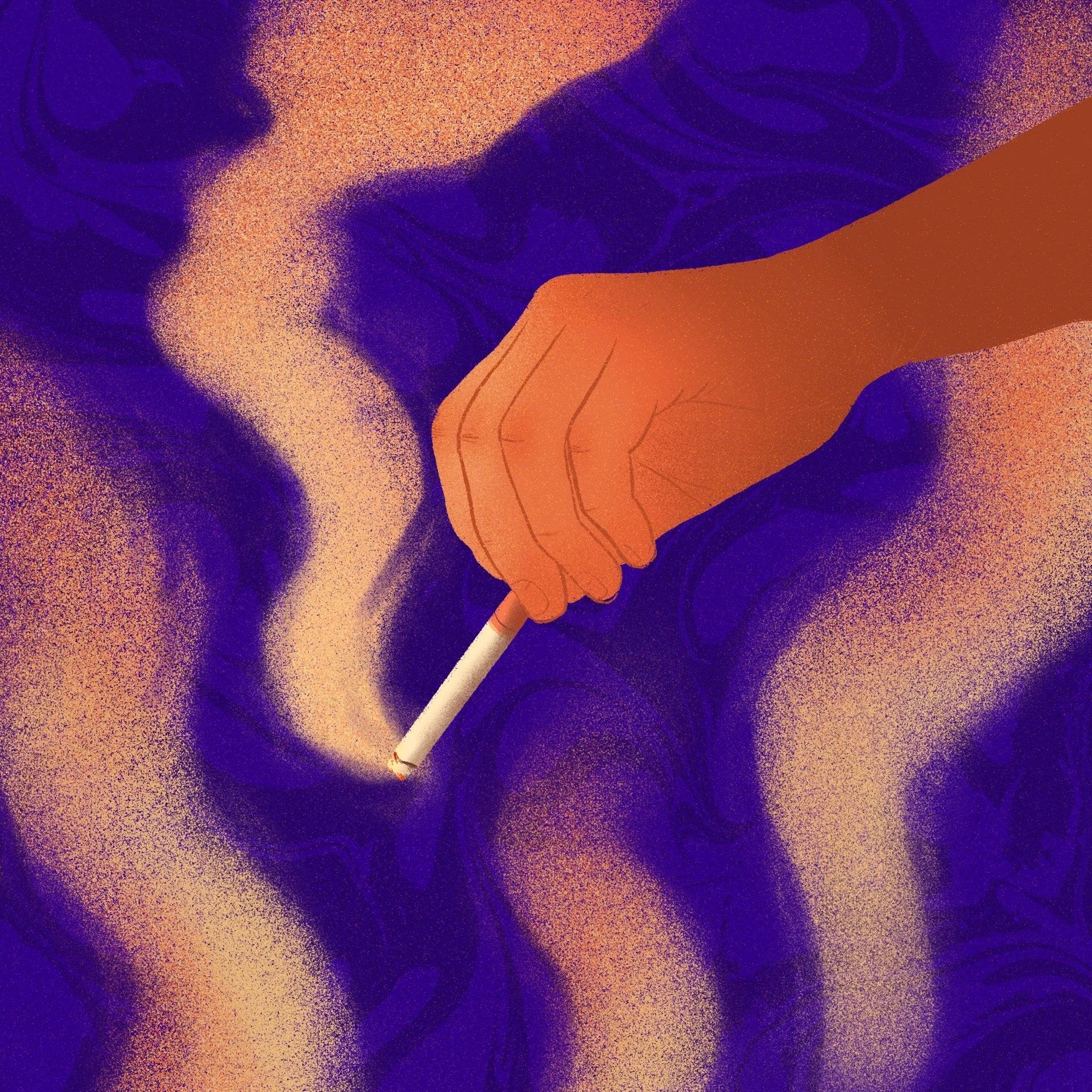 Ilustracja przedstawia rękę z palącym się papierosem, dymek z niego, na tle kolorowych smug