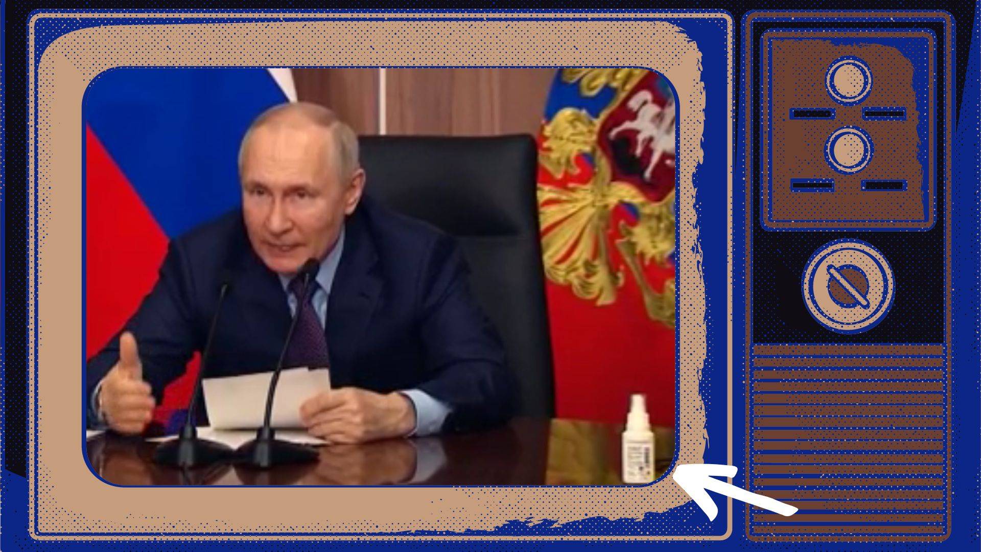 Grafika: Staro wyglądający Putin siedzi przy stole, obok - buteleczka z jakąś substancją (zaznaczona strzałką). Wszystko wklejone w ramy starego telewizora