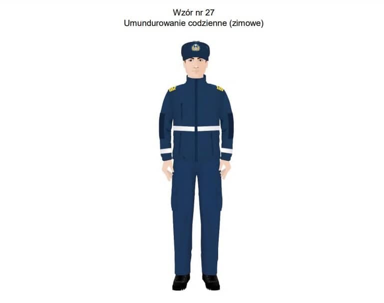 przykładowy mundur zimowy: granatowy zestaw bluza i spodnie, a do tego uszatka