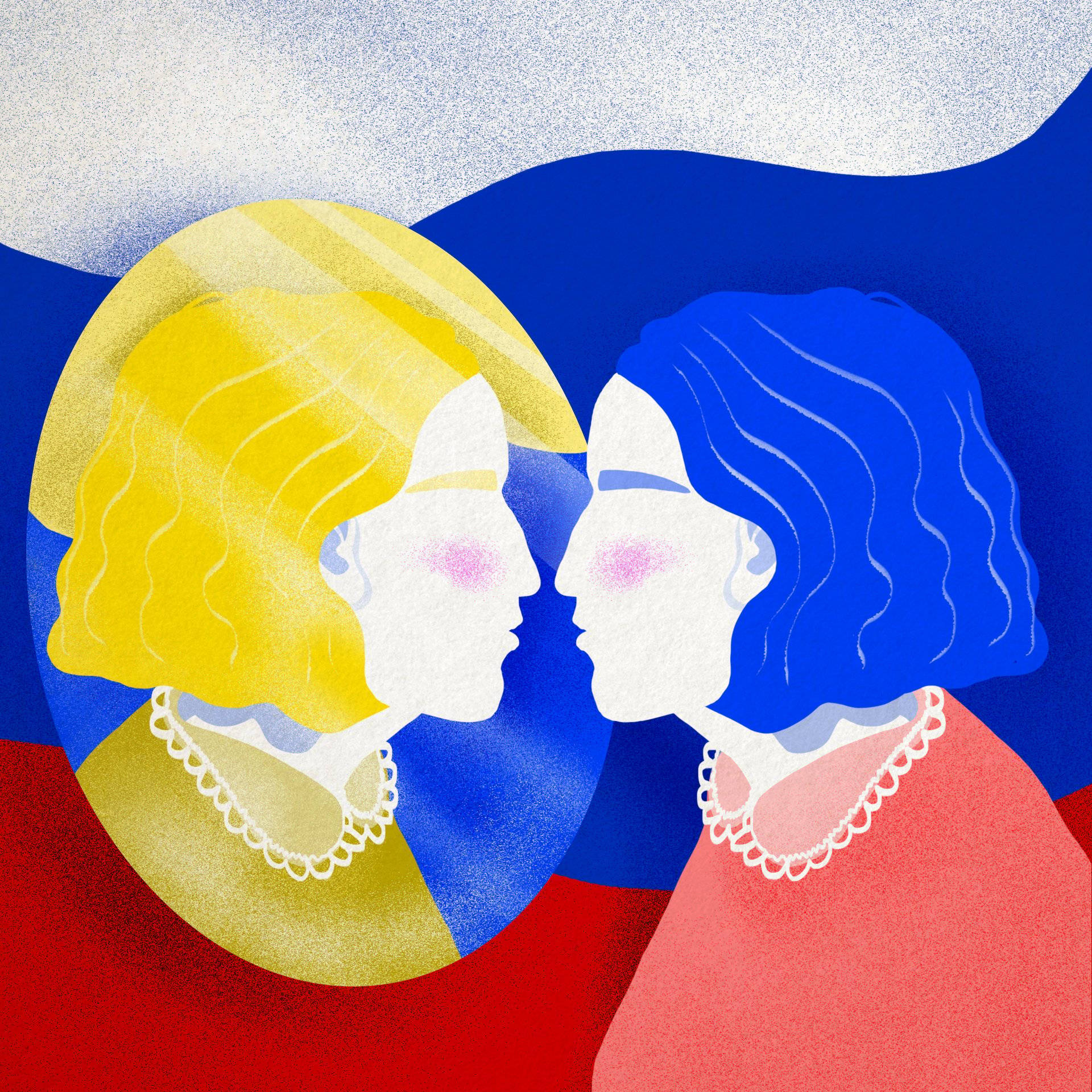 Ilustracja przedstawiająca konbietę o niebieskich włosach, która ogląda swoje odbicie w lustrze; w odbiciu kobieta ma włosy żółte. W tle widać kolory rosyjskiej flagi.