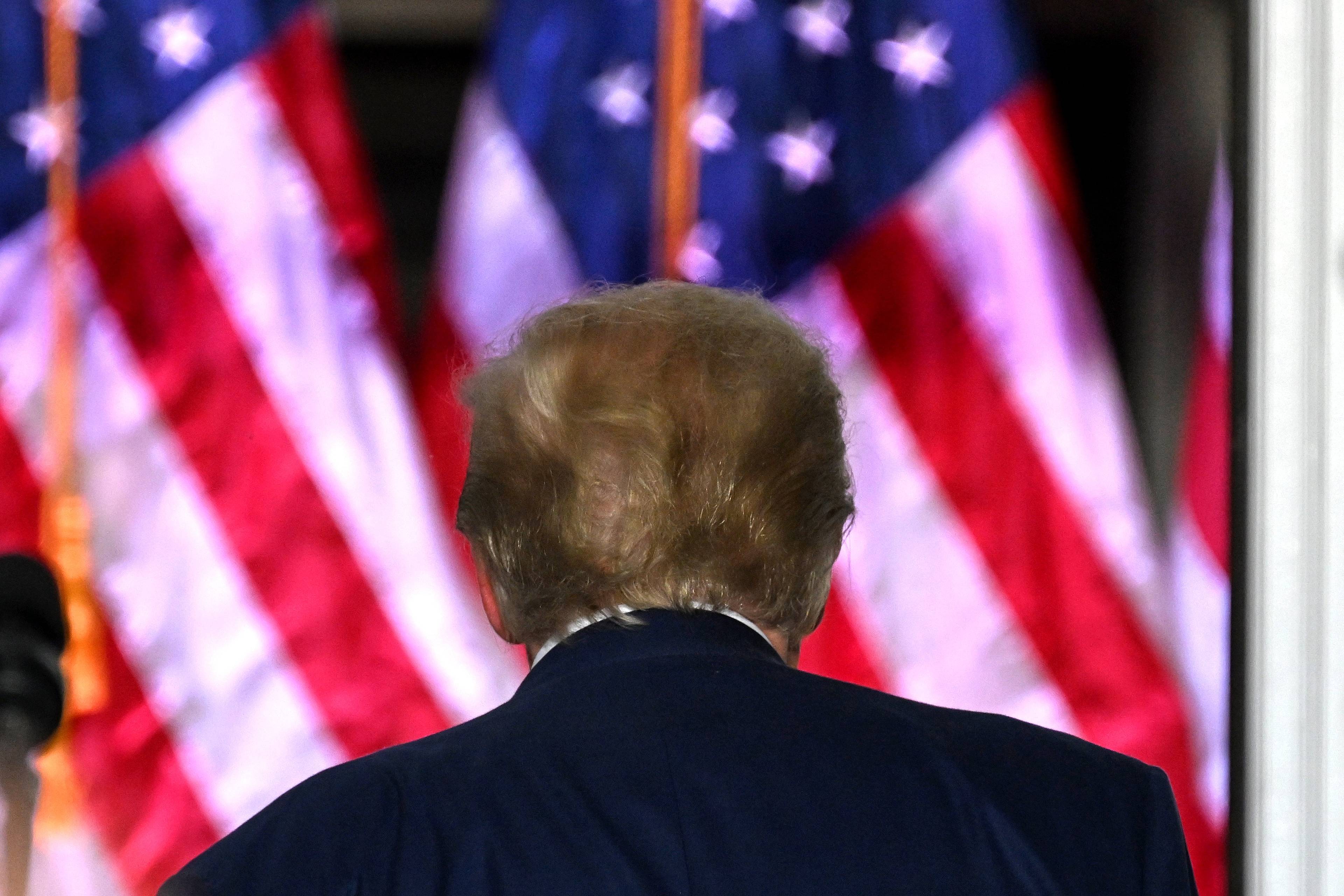 Trump tyłem na tle amerykańskich flag