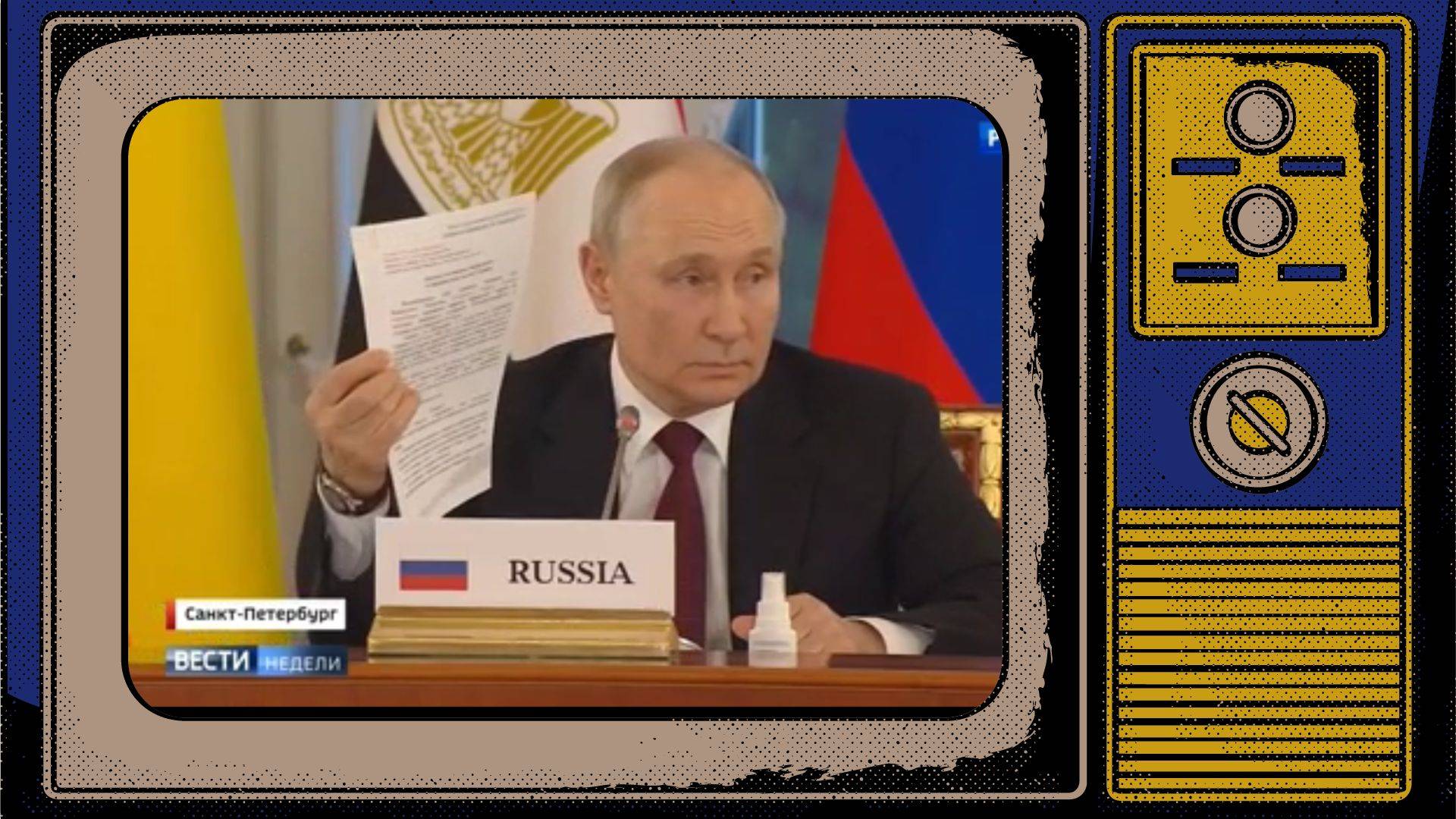 Grafika: Putin o wojnie. W ramce starego telewizora stopklatka z Putinem trzymającym w rece dokument