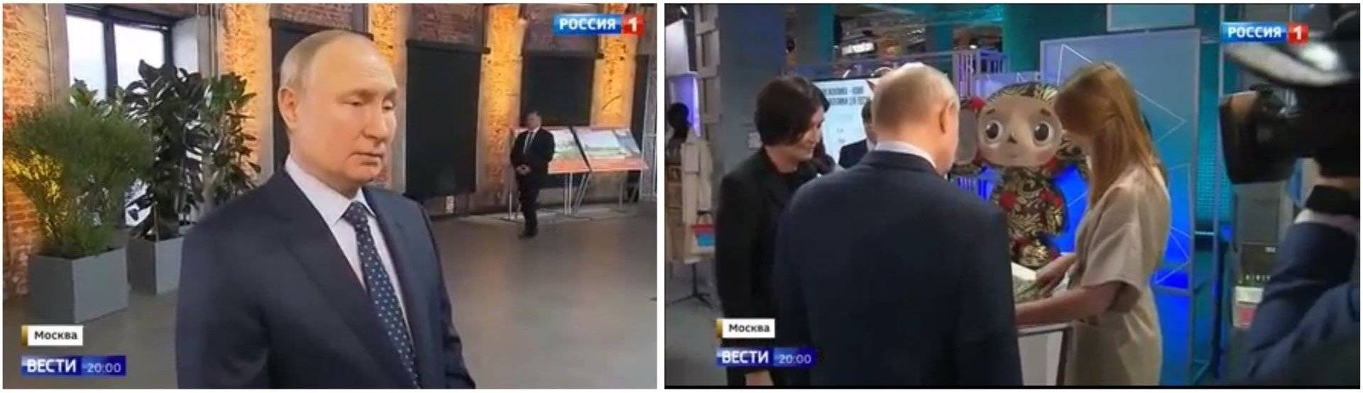 Putin na korytarzu i Putin odwrócony plecami do kamery patrzy na dużego misia