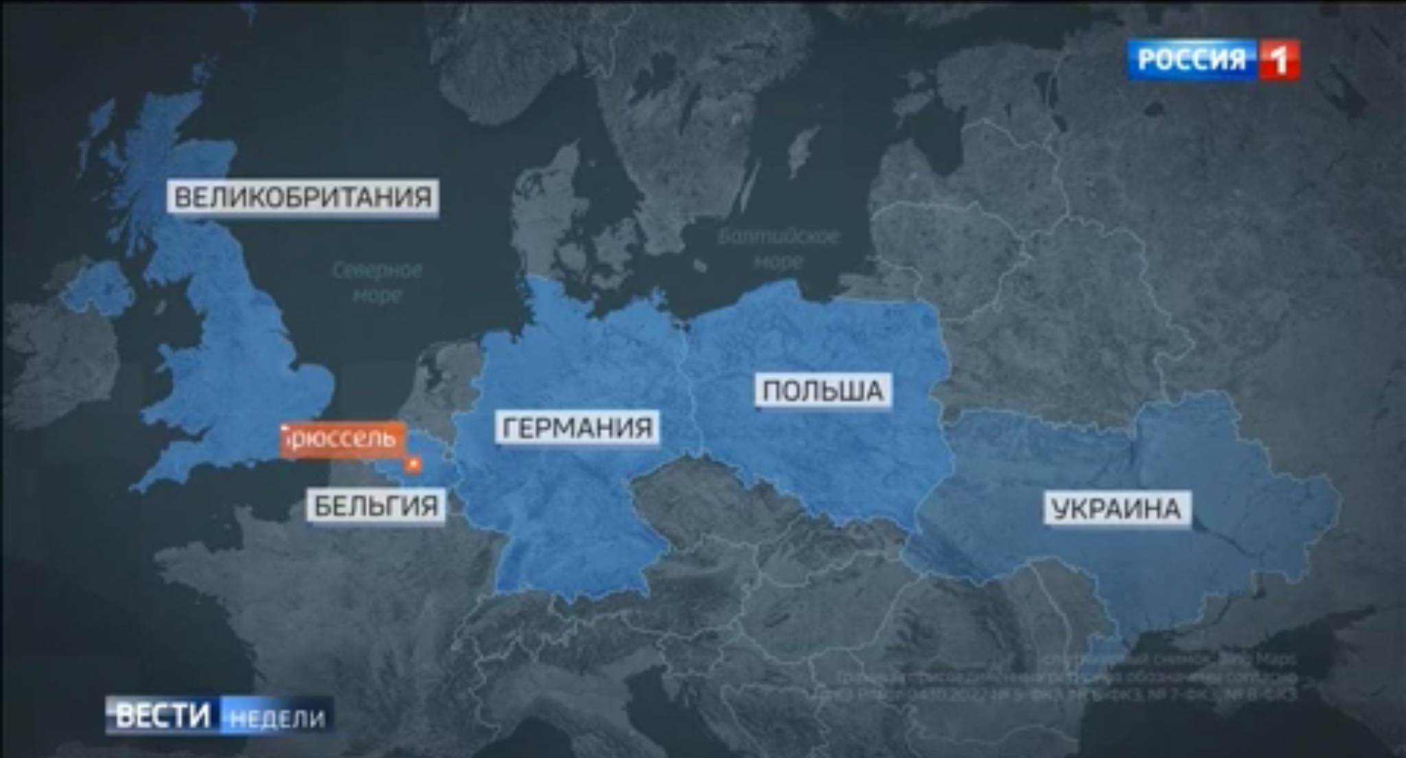 Mapa Europy z zaznaczoną Ukrainą, Polską, Niemcami, Belgią i Wielką Brytanią. napisy rosyjskie