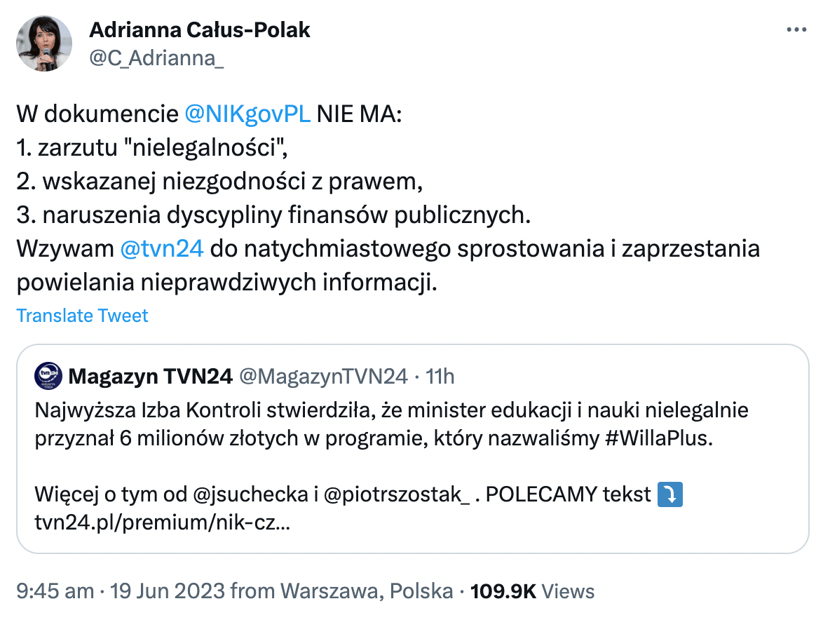 Twitterowy wpis rzeczniczki MEiN Adrianny Całus-Polak.