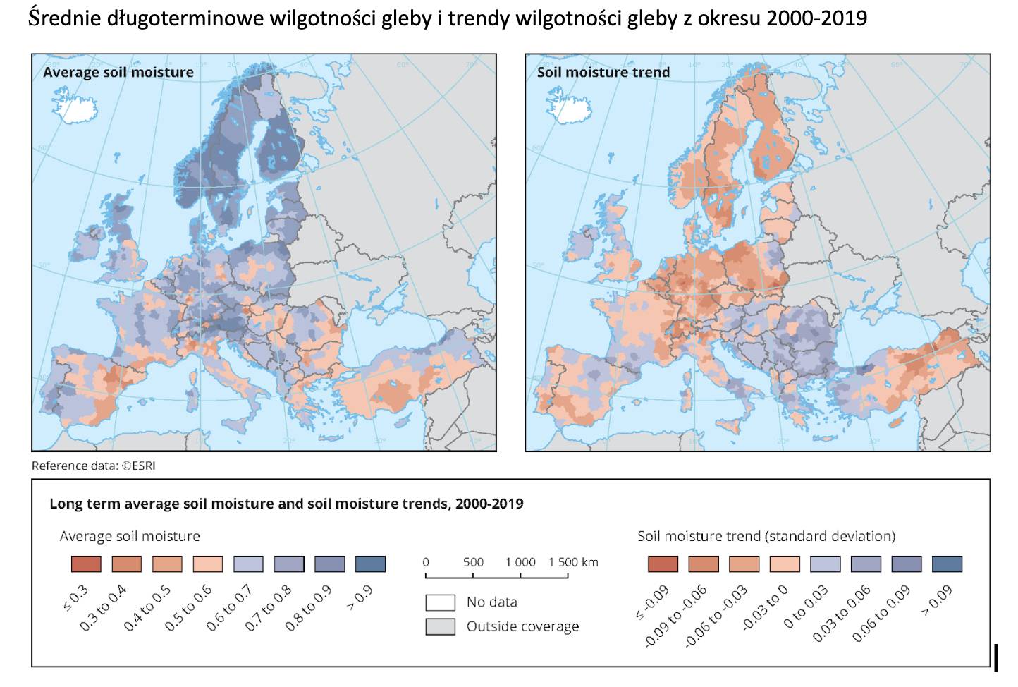 Średnie długoterminowe wilgotności gleby i trendy wilgotności gleby z okresu 2000-2019