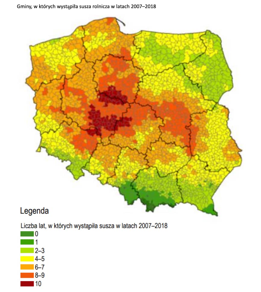mapa: Gminy, w których wystąpiła susza rolnicza w latach 2007–2018