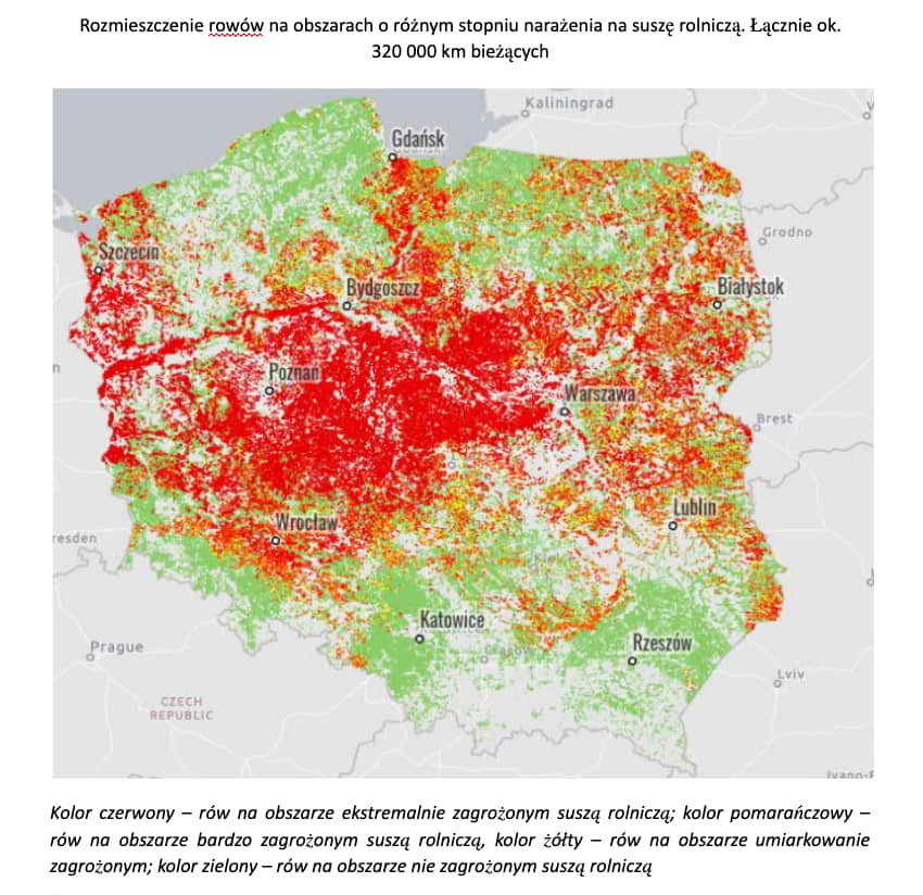 mapa: Rozmieszczenie rowów na obszarach o różnym stopniu narażenia na suszę rolniczą.