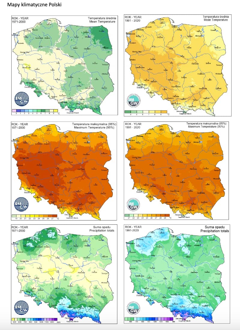 Mapy klimatyczne Polski: temperatury średnie, maksymalne, wilgotność