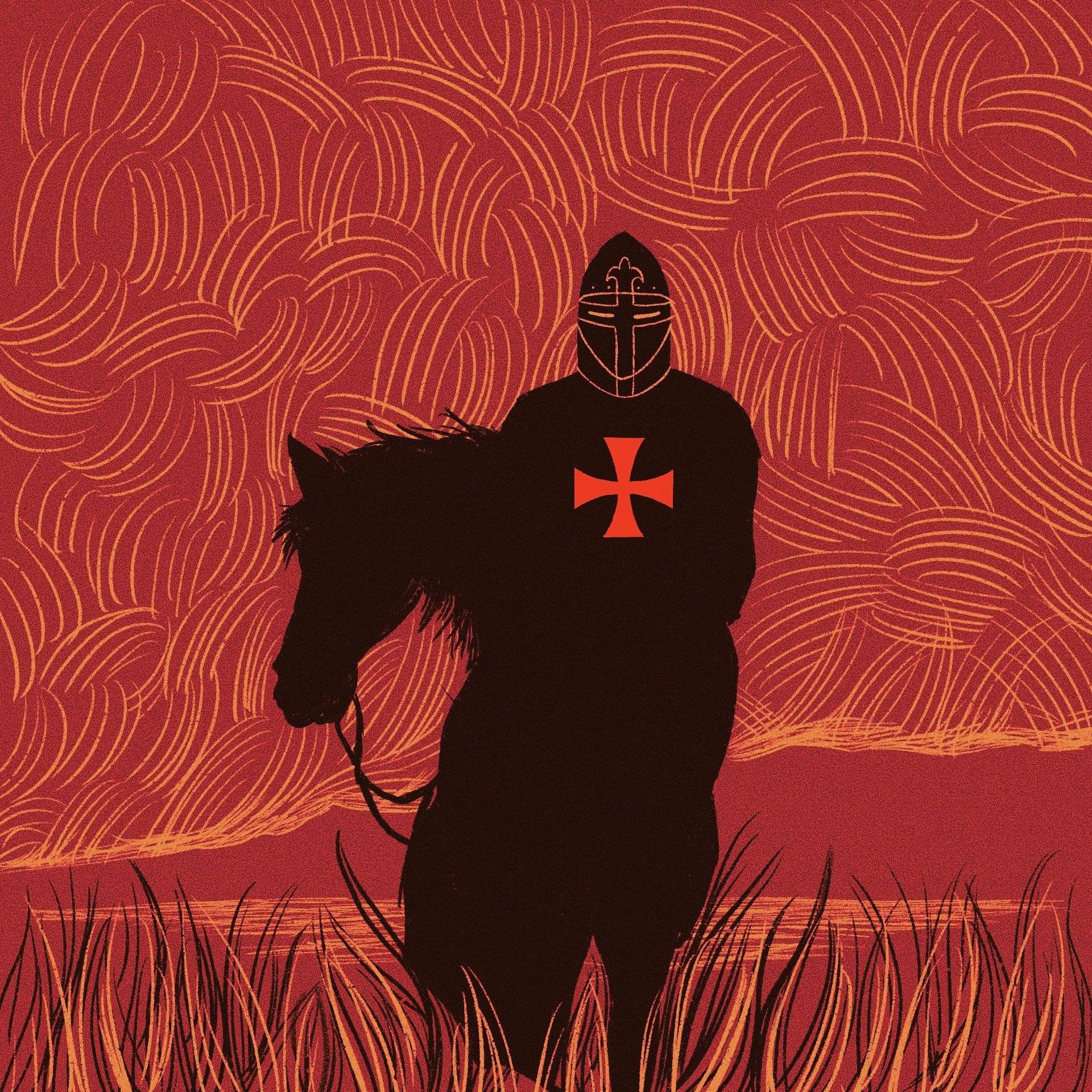 Na czerwonym tle ciemna postać z czerwonym krzyżem na piersi