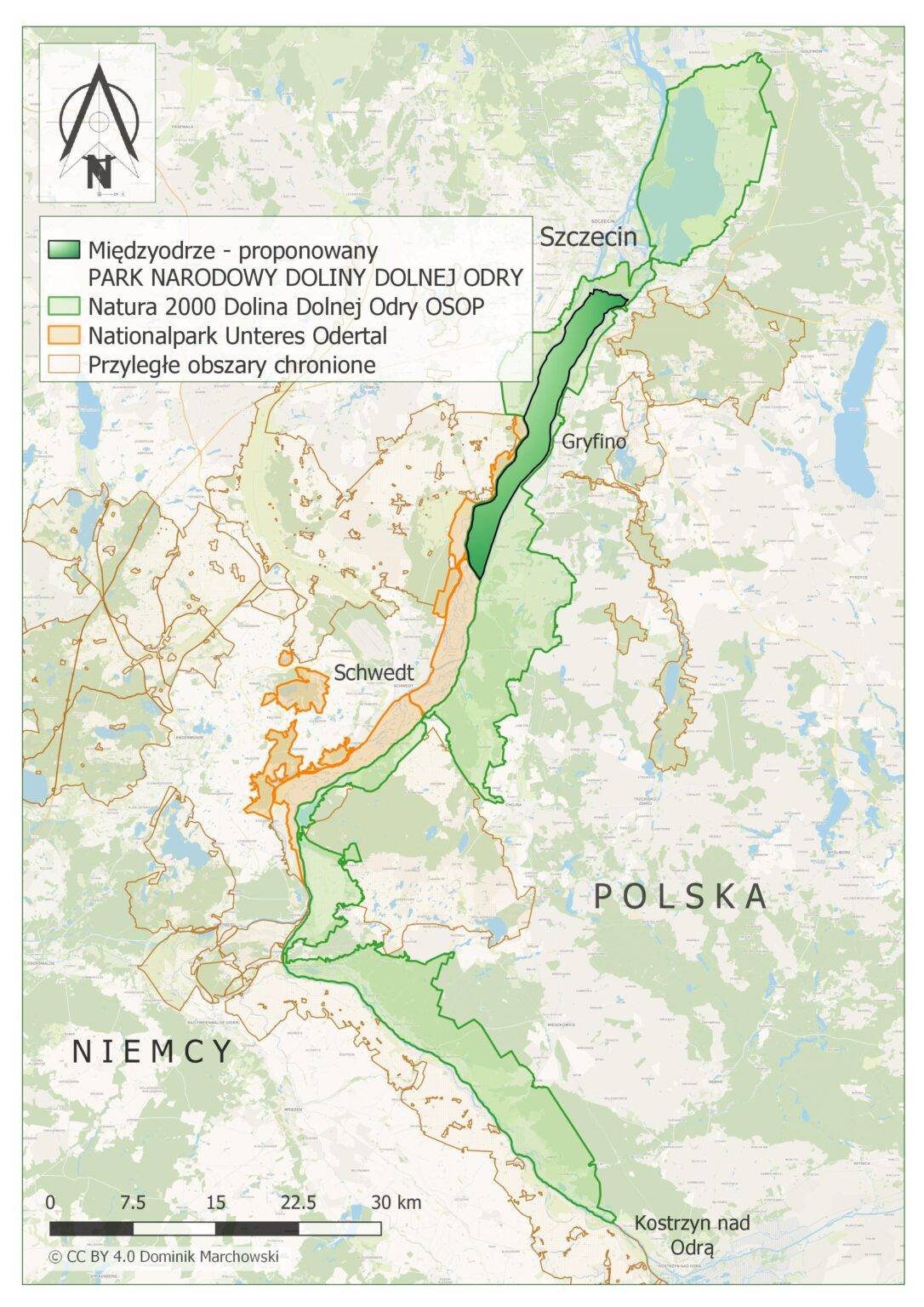 Na mapie zaznaczono teren niemieckiego parku narodowego, a także proponowany polski park- jest nieco mniejszy, na północ od niemieckiej części, tuż pod Szczecinem