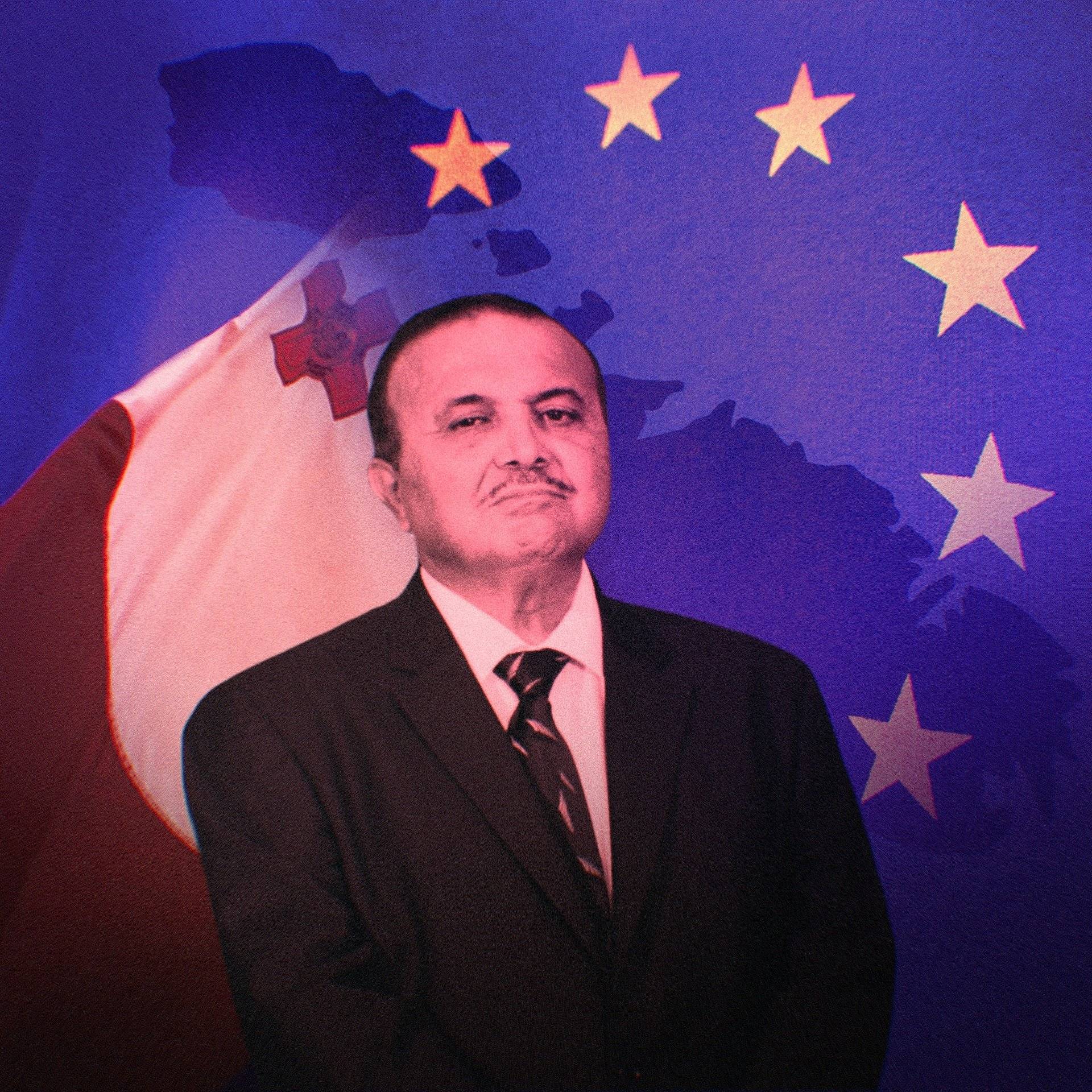 Rysunek mężczyny w garniturze na tle gwiazdek UE