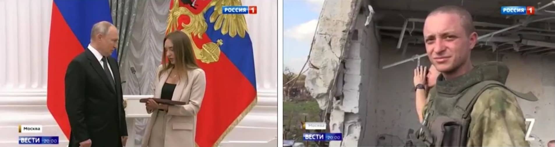 Dwa zdjęcia: młoda kobieta odbiera dyplom od Putina i młody mężczyżczyzna w mundurze polowym