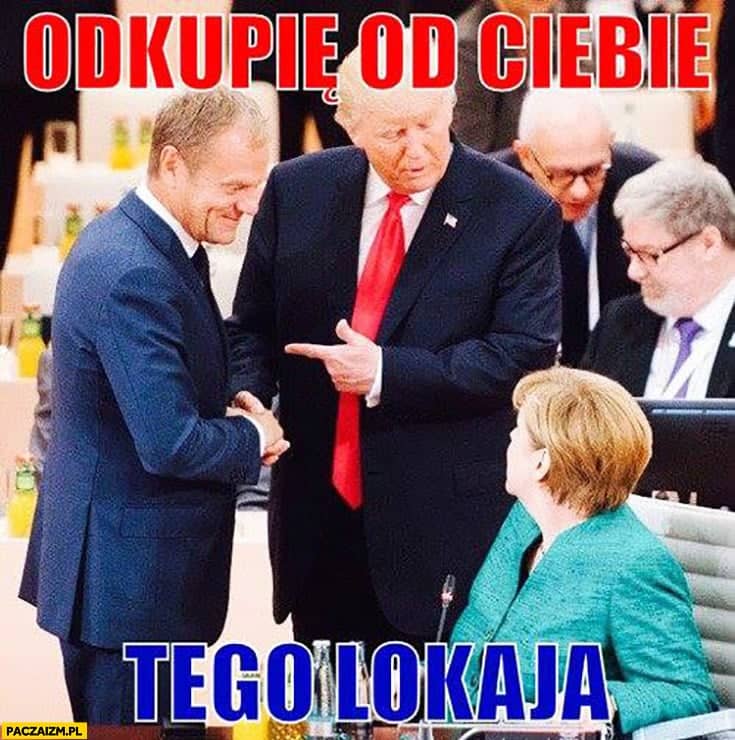mem: Trump patrzy na Merkel, wskazuje palcem Tuska i mówi „odkupię od ciebie tego lokaja"