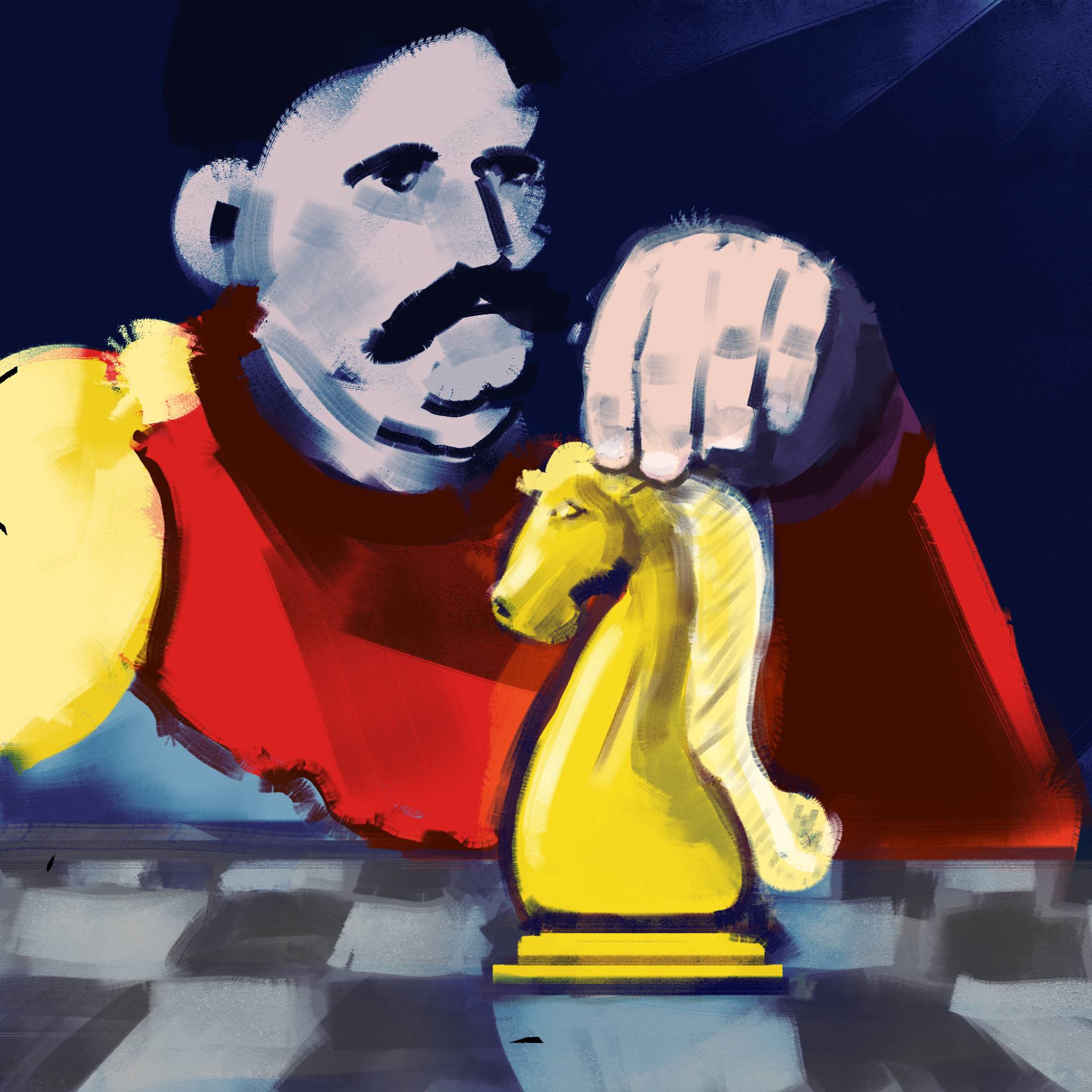 Rysunek mężczyzny z wąsami który przestawia na szachownicy figurę konia