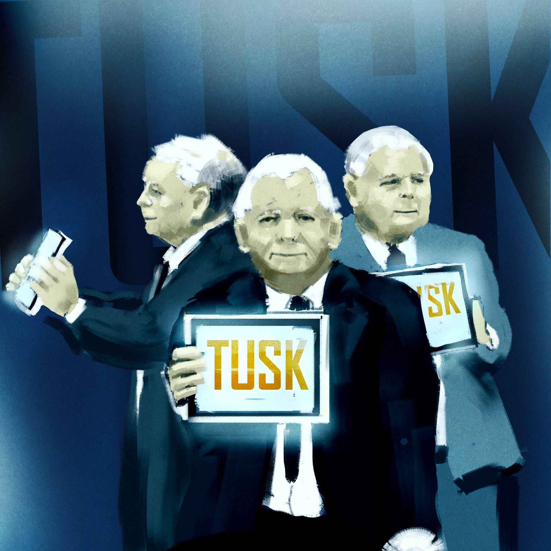 Trzech Jarosławów Kaczyńskich trzymających tablet, na którym jest duży napisk "TUSK"