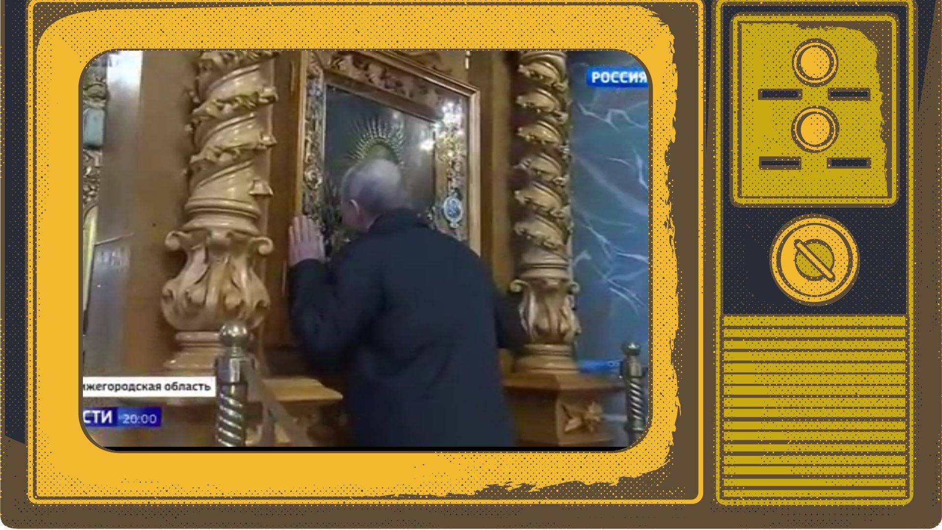 Grafika: w ramce starego telewizora zdjęcie Putina całującego ikonę w cerkwi