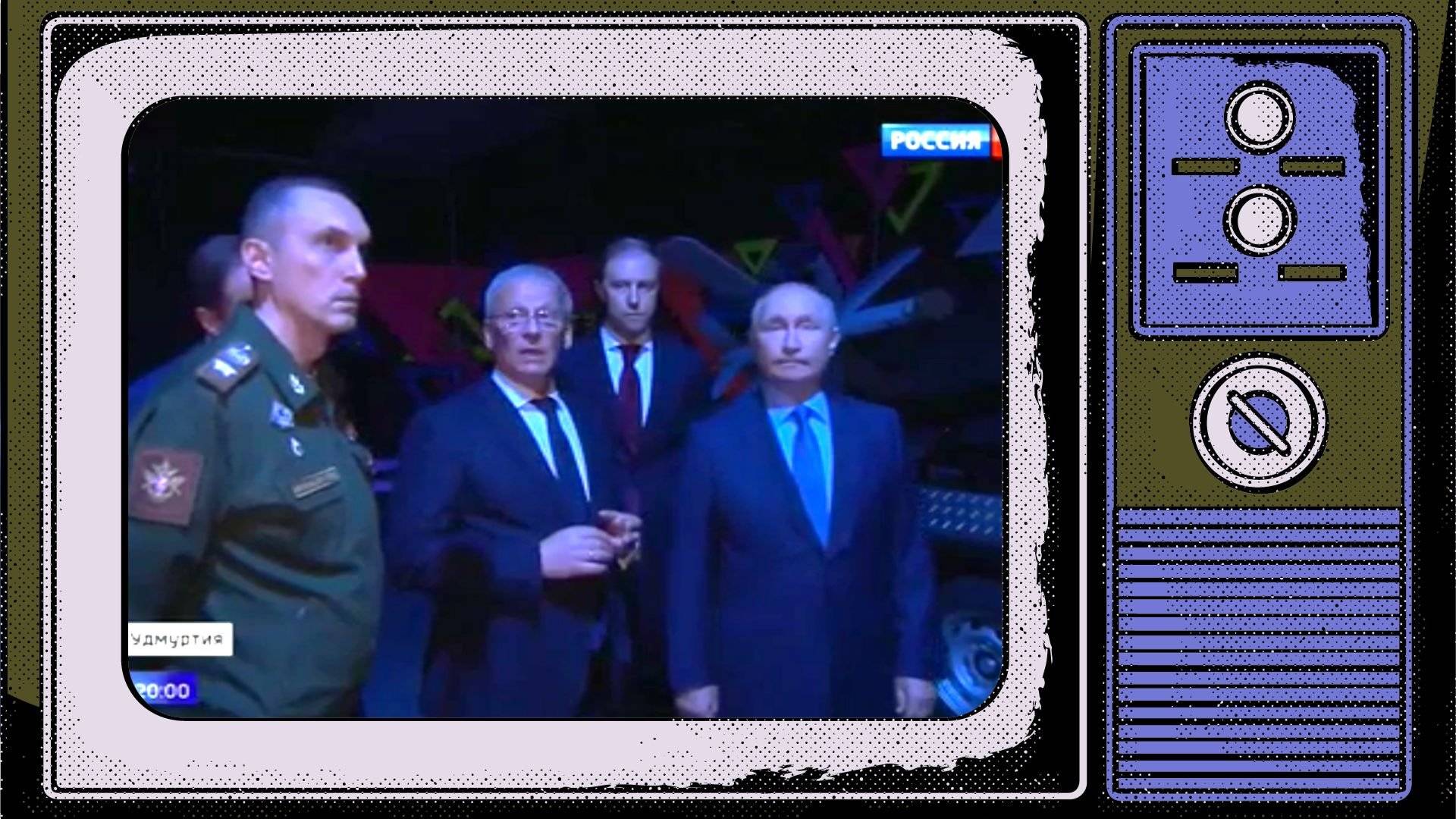 Grafika: w ramce starego telewizora ciemne zdjęcie Putona w otoczeniu urzędników i wojskowych