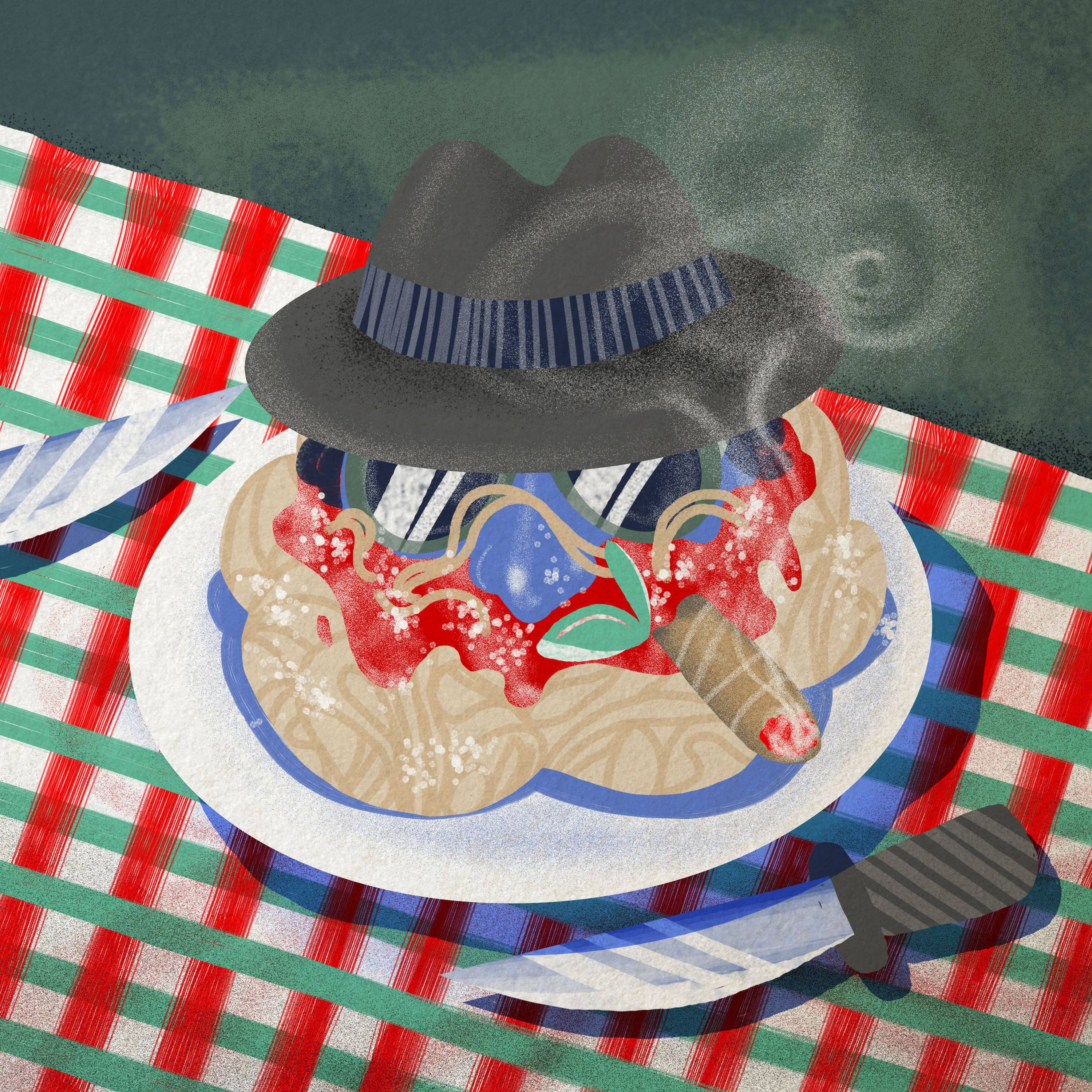 ilustracja przedstawia talerz spaghetti z cygarem, ciemnymi okularami i kapeluszemrz