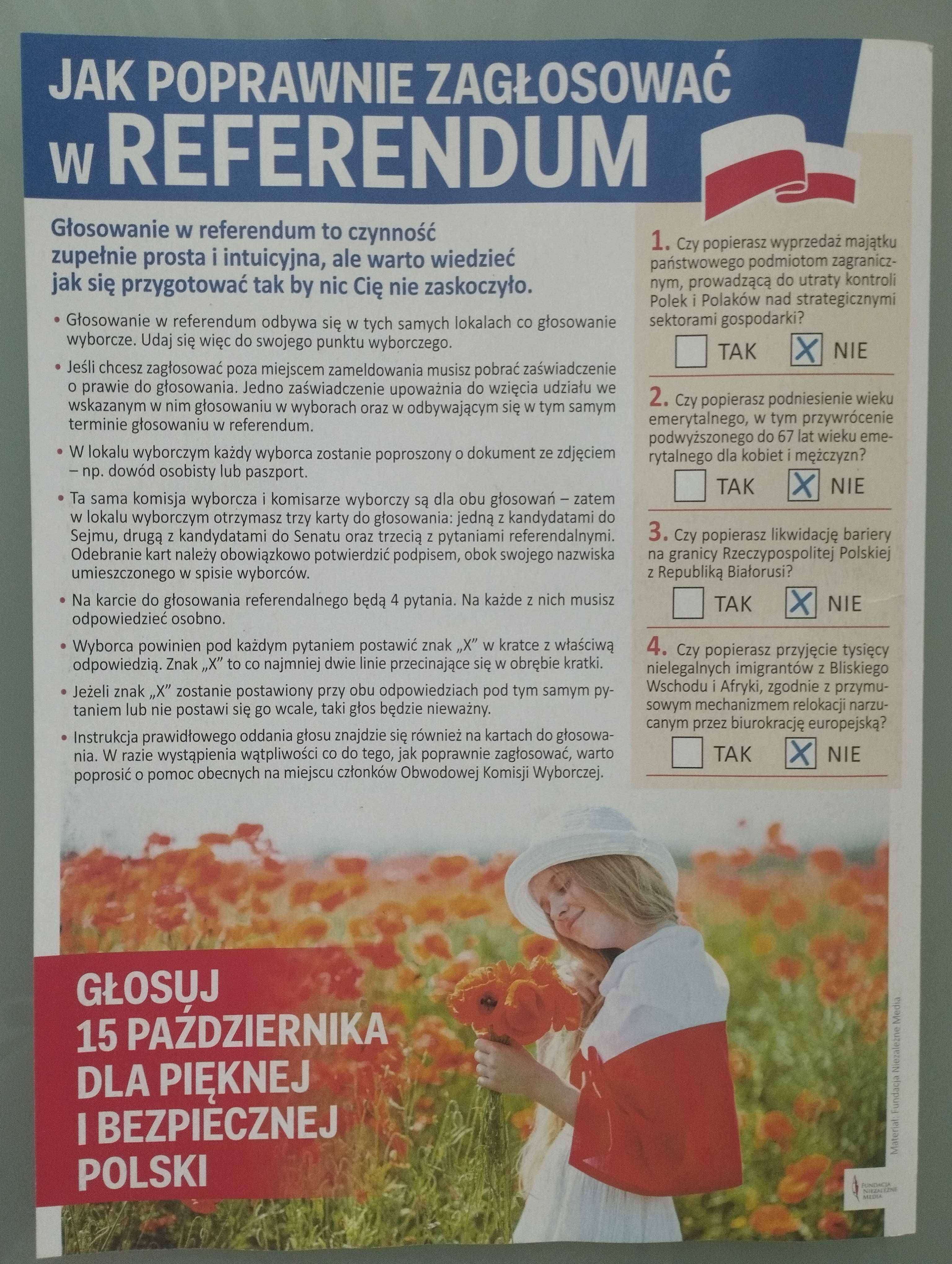 Ostatnia strona broszury wskazująca, że "poprawne głosowanie w referendum" to oddanie czterech głosów na NIE