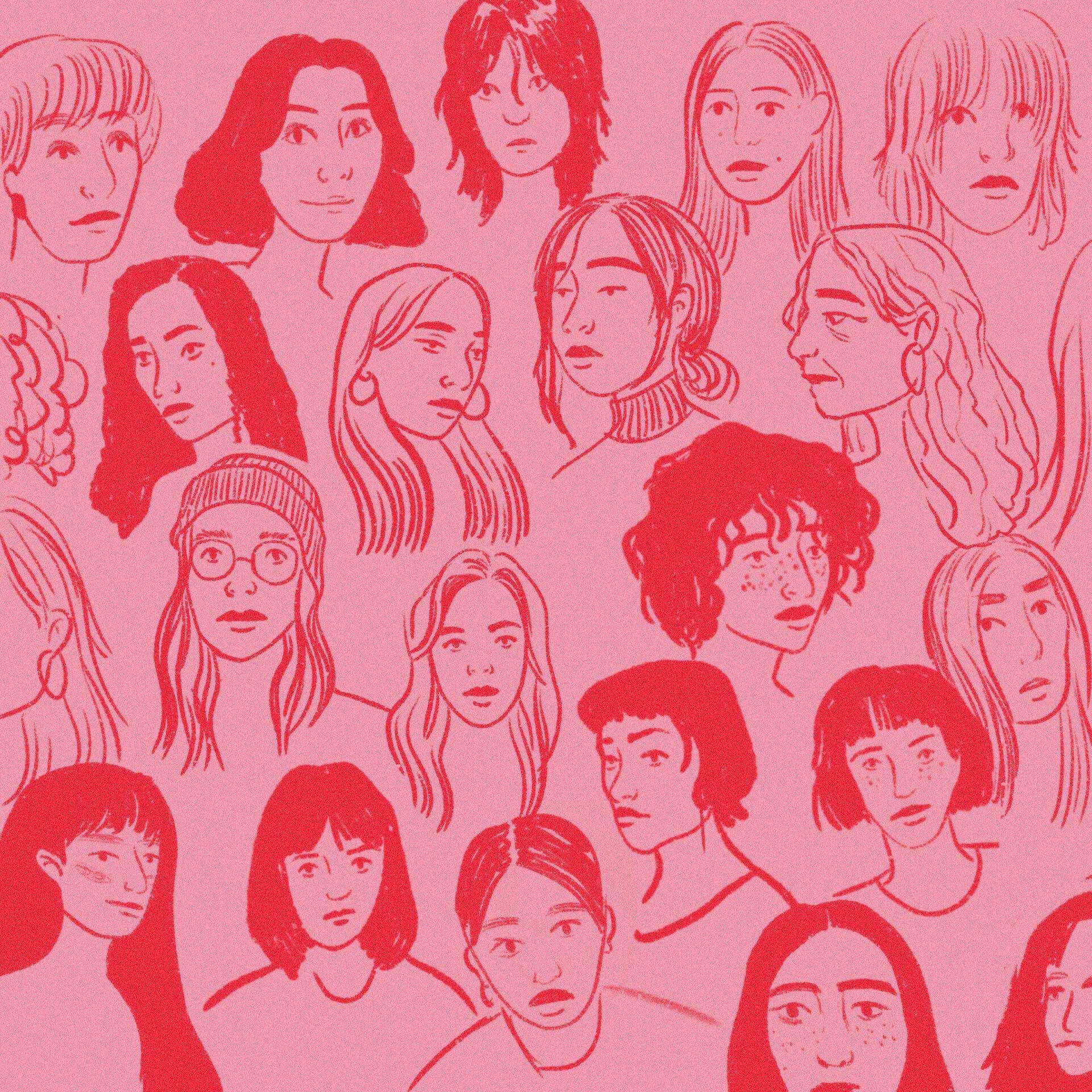 Ilustracja przedstawiająca twarze różnych kobiet na czerwonym tle