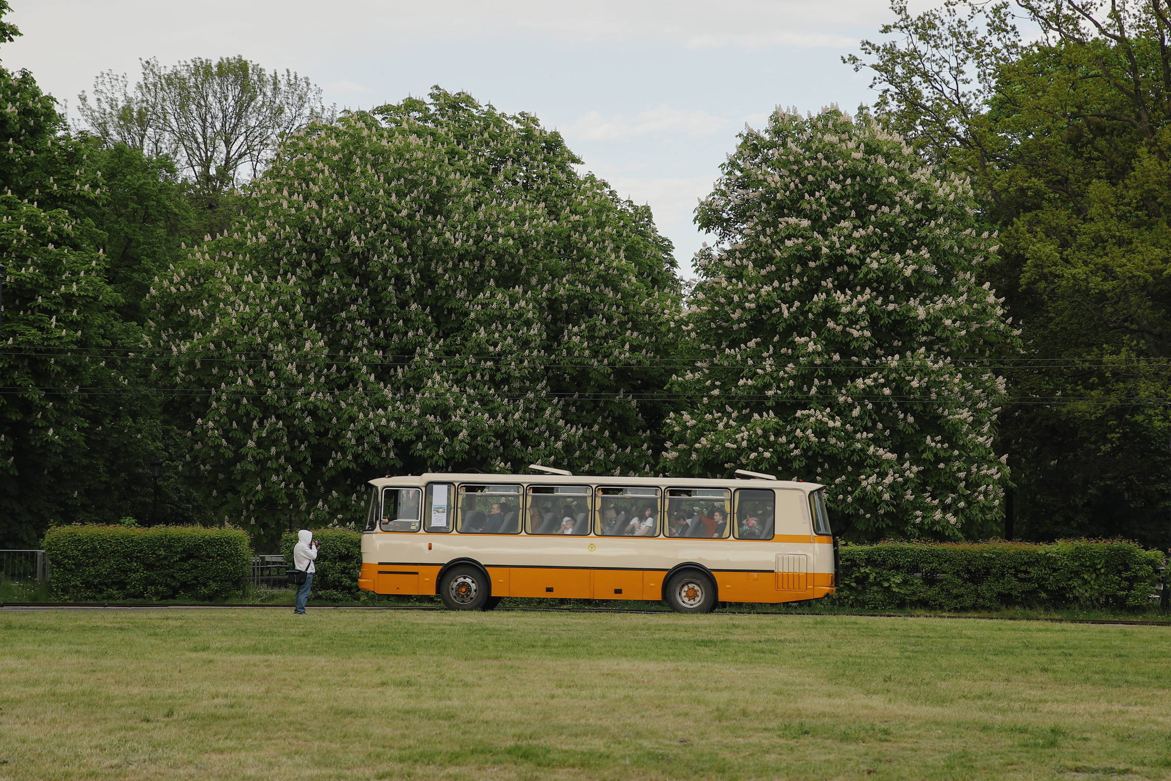 stary autobus autosan sfotografowany z oddali na tle drzew