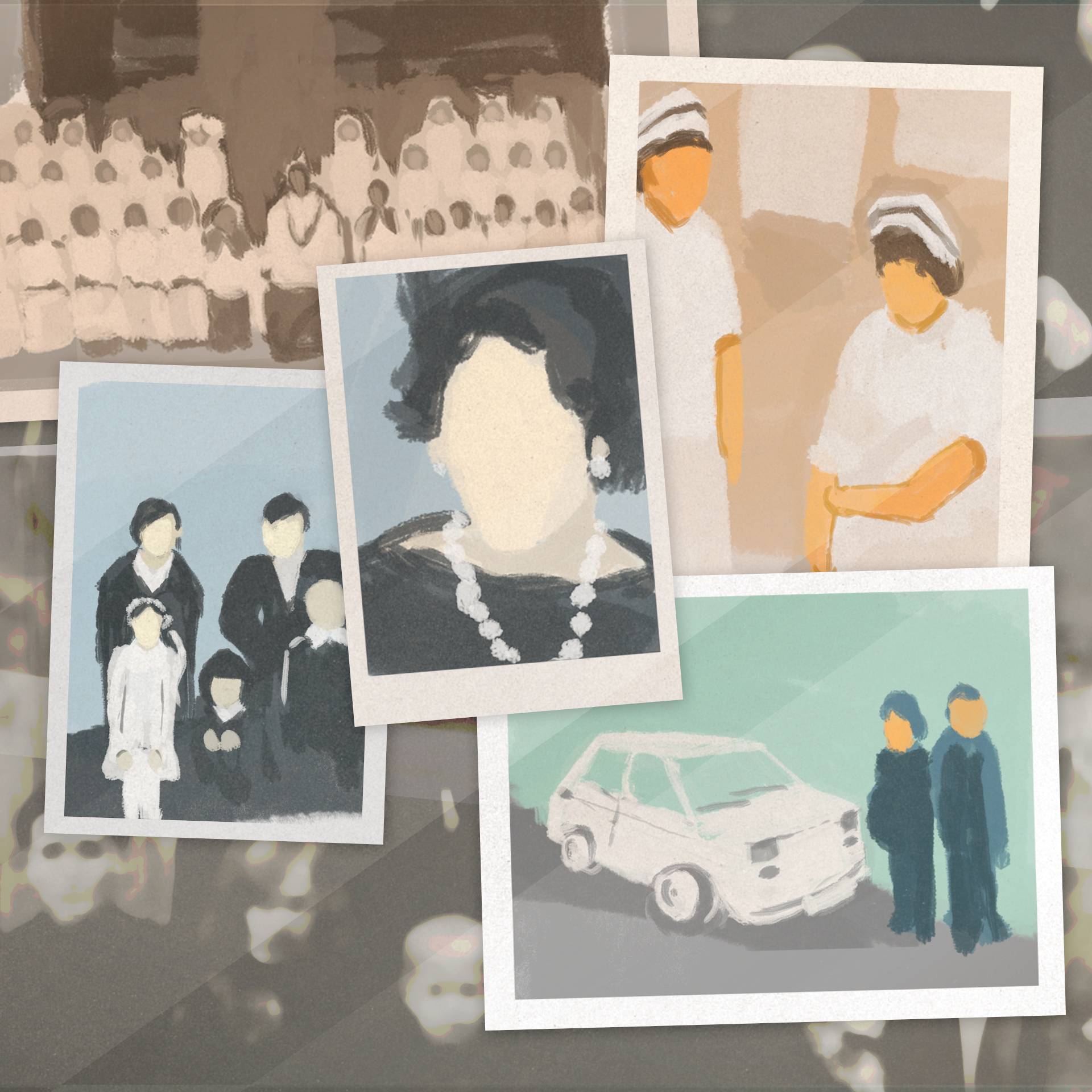 Malarstwo cyfrowe: obraz przedstawia kilka zdjęć przedstawiających m.in. stare grupowe zdjęcie z komunii, stare zdjęcie rodzinne, fotografię młodych pielęgniarek, parę obok Fiata 126p